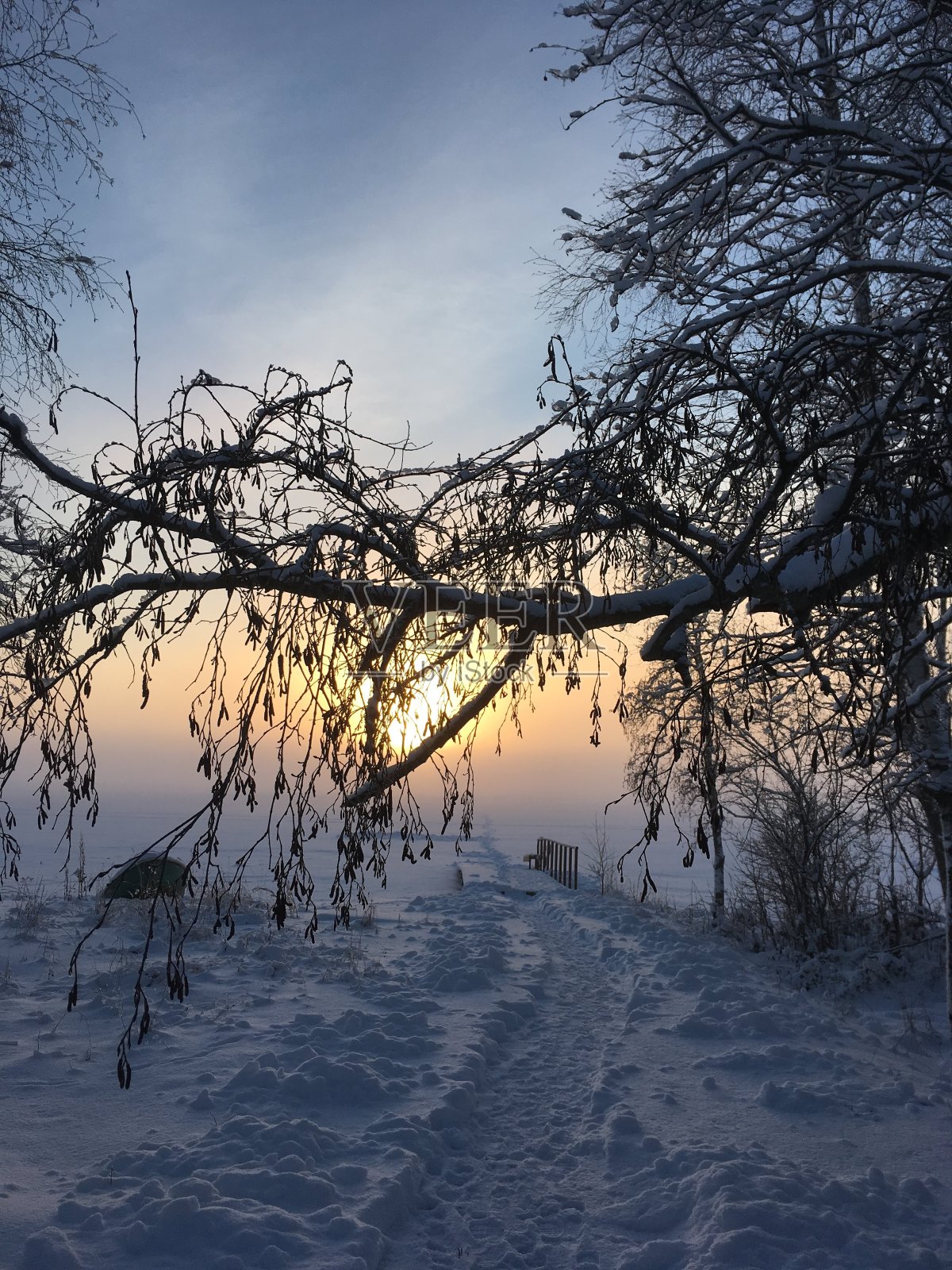 夕阳西下，一根树枝映在白雪覆盖的湖面上。雪中的小路。照片摄影图片