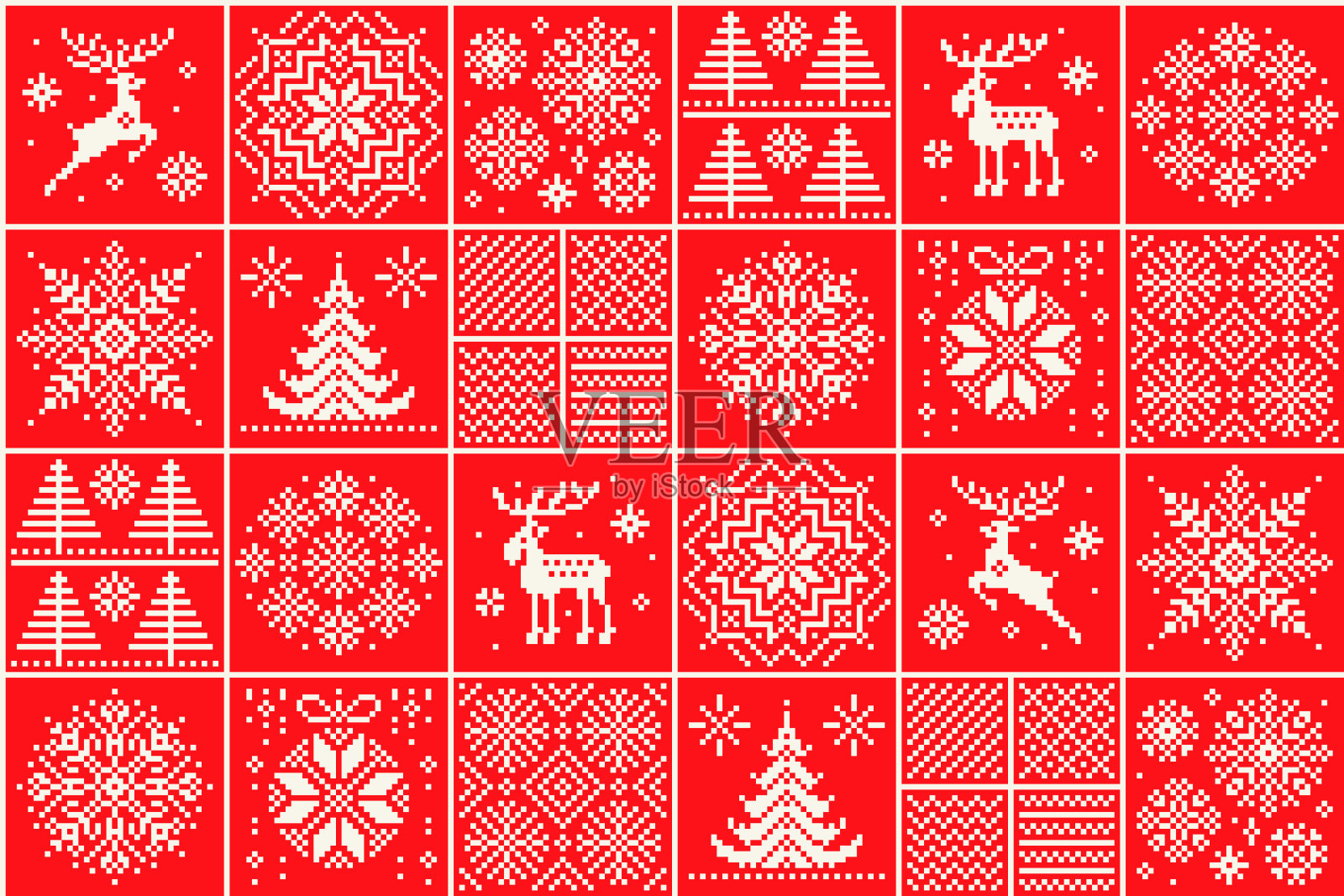 圣诞方格像素图案与冬季假日符号。采购产品驯鹿，麋鹿，圣诞树和雪花饰品。针织毛衣花型设计方案。百衲被模仿。插画图片素材