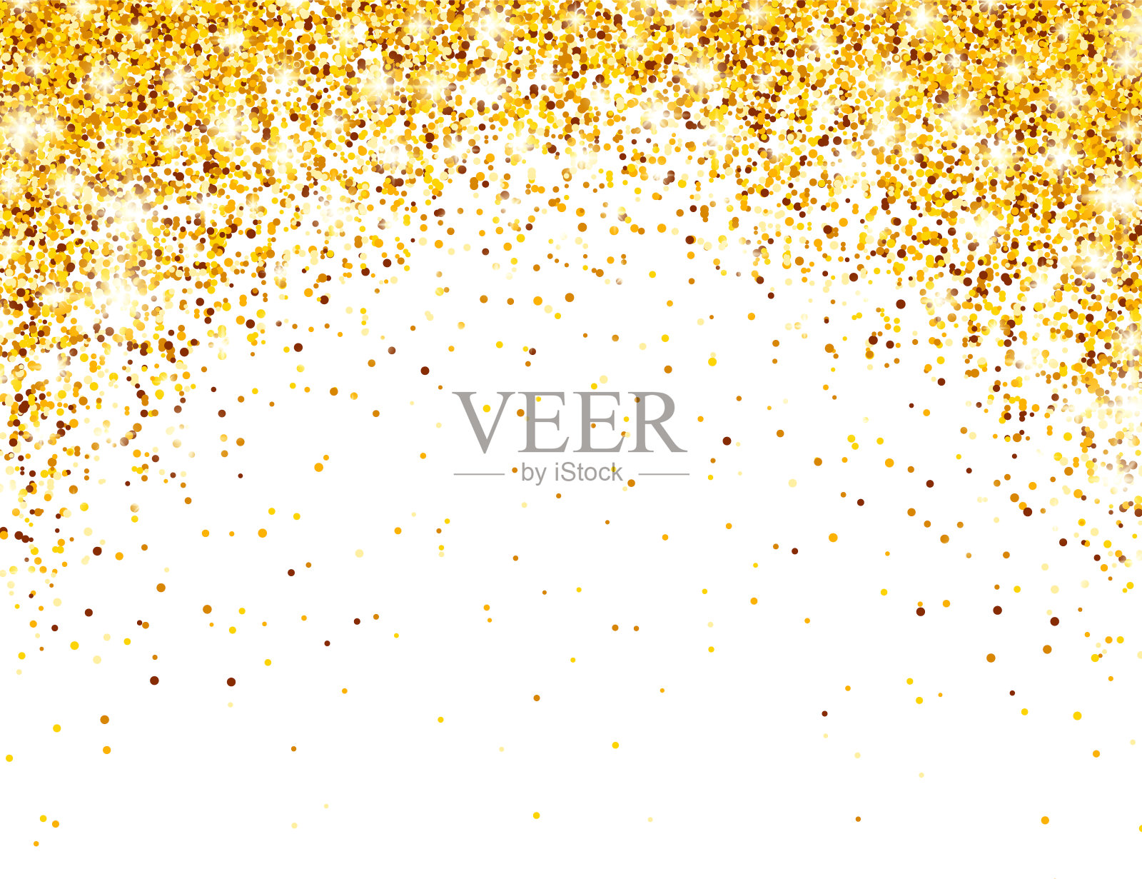 闪闪发光的金色在白色矢量背景。闪亮的五彩纸屑与黄金碎片。圣诞或新年贺卡的灯光效果插画图片素材