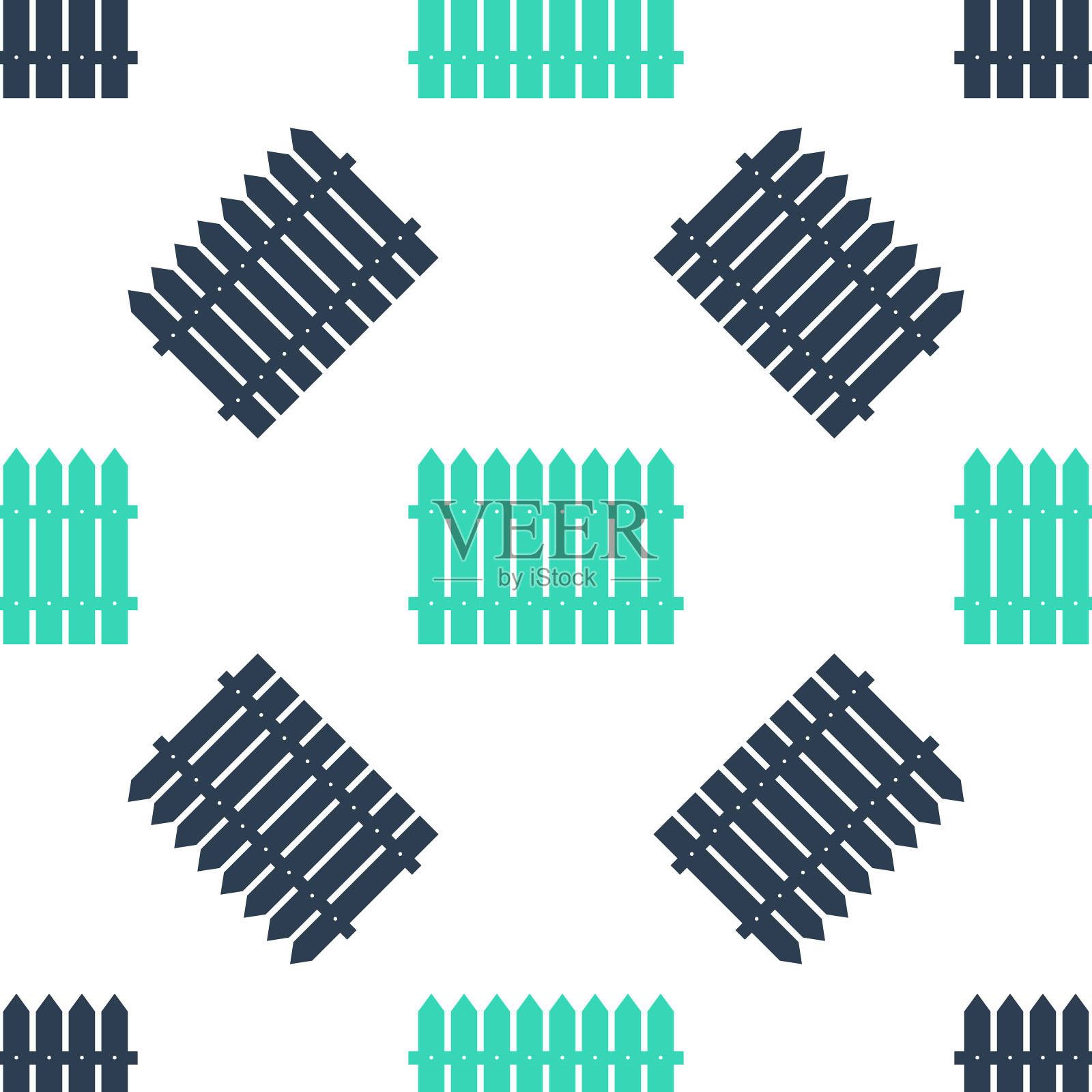 绿色栅栏木制图标孤立无缝模式上的白色背景。花园篱笆的迹象。向量插画图片素材