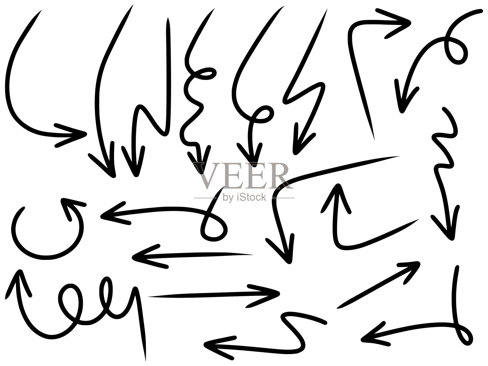 手动绘制的箭头图标设置为孤立的白色背景。涂鸦矢量插图。设计元素图片