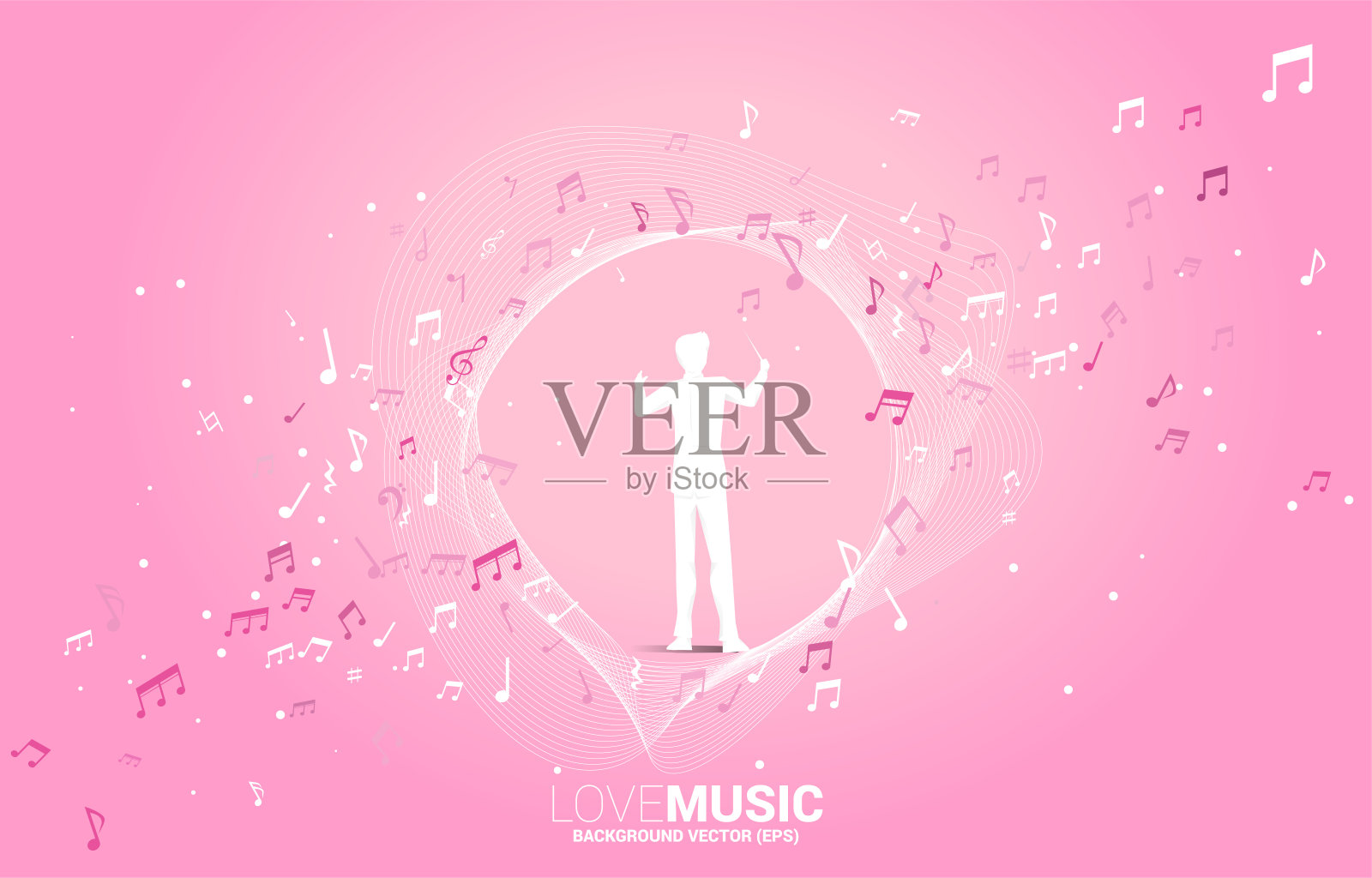 矢量剪影指挥站与音乐旋律音符跳舞流动。插画图片素材