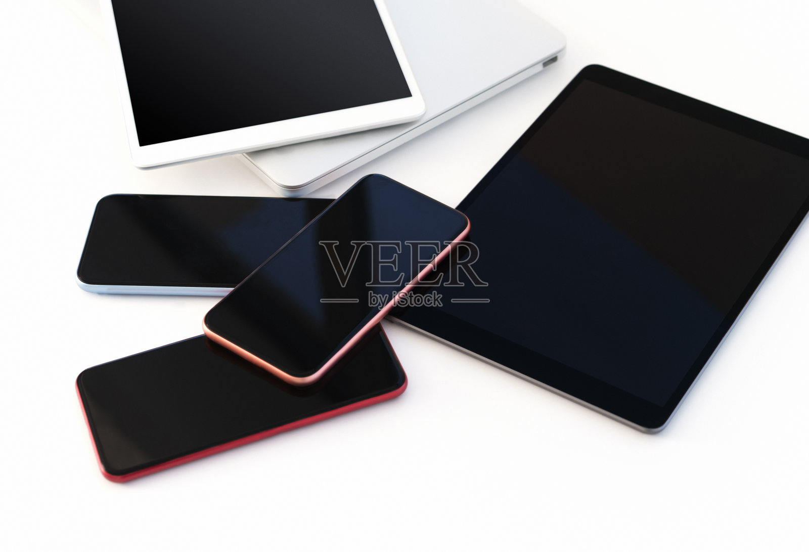 数字显示器，数字平板电脑和笔记本电脑，空白屏幕，白色背景照片摄影图片