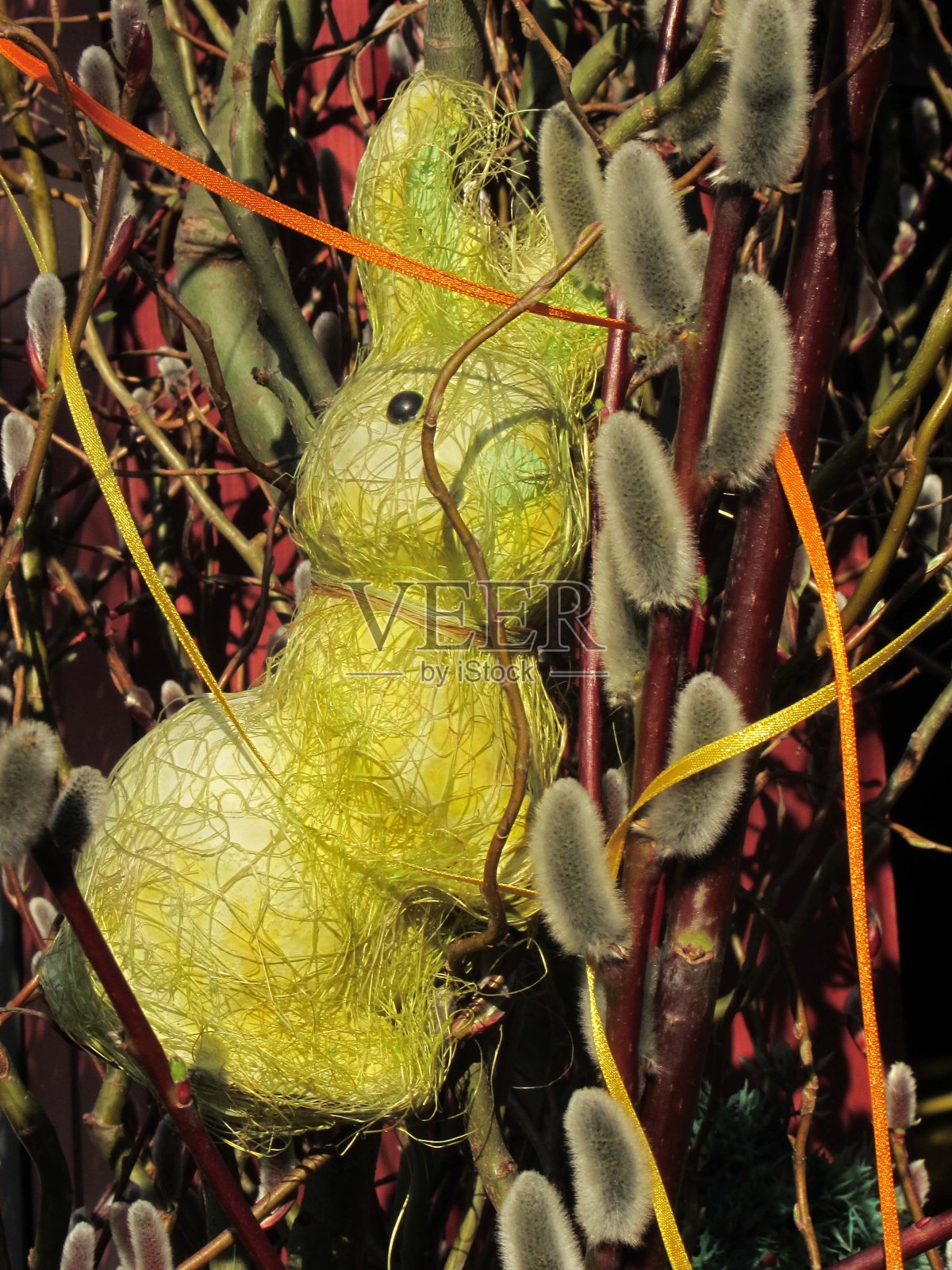 柳絮间的黄色复活节兔子照片摄影图片