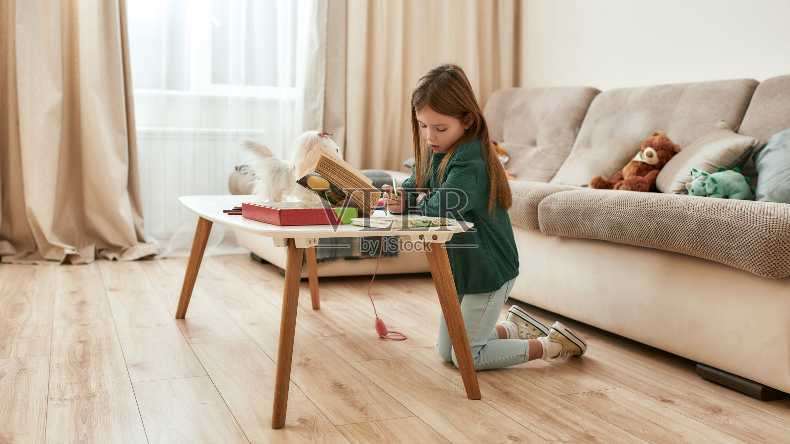 一个小女孩独自坐在家里的桌子旁看书，在她的日记中做笔记照片摄影图片