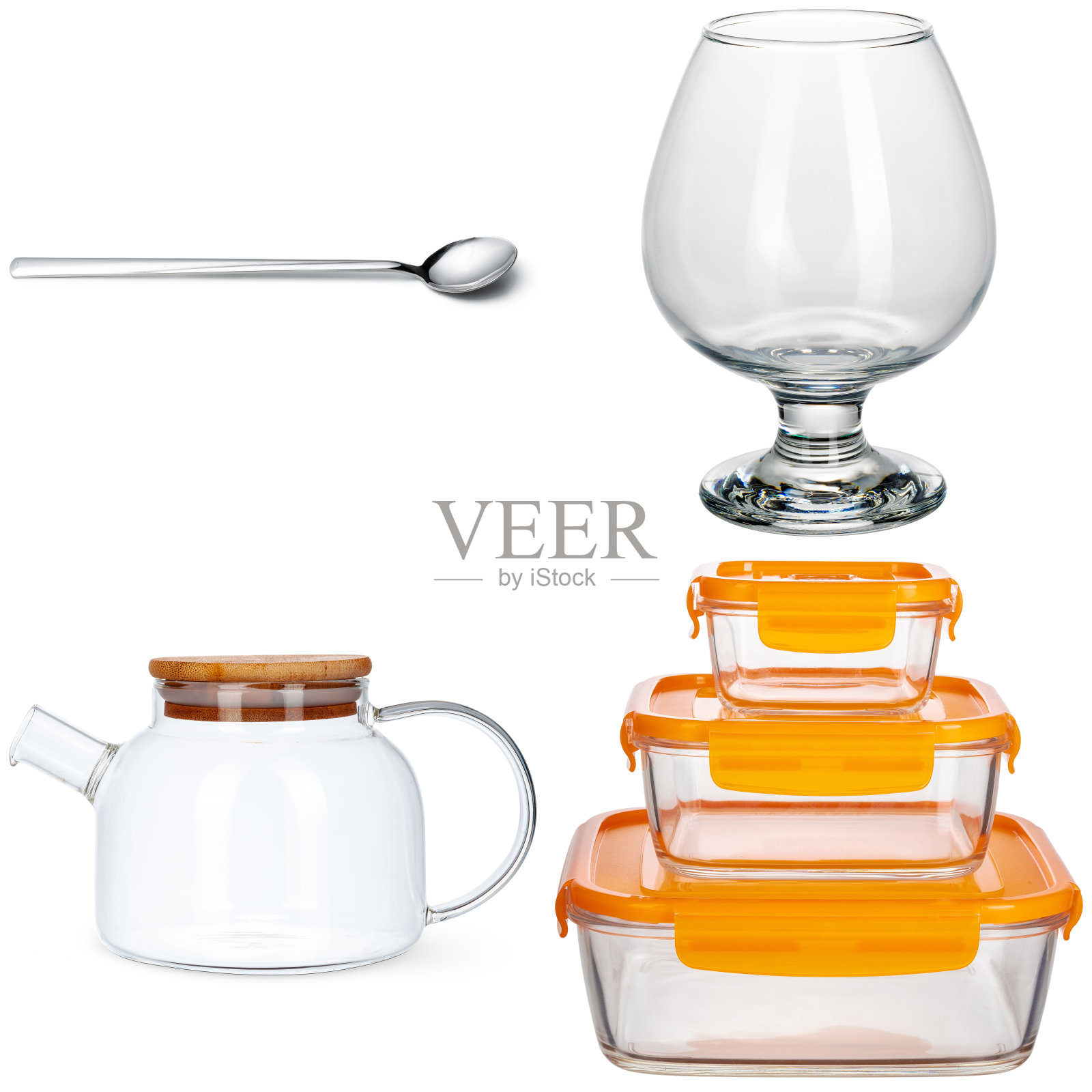 在白色背景上的陶器和餐具的拼贴画照片摄影图片