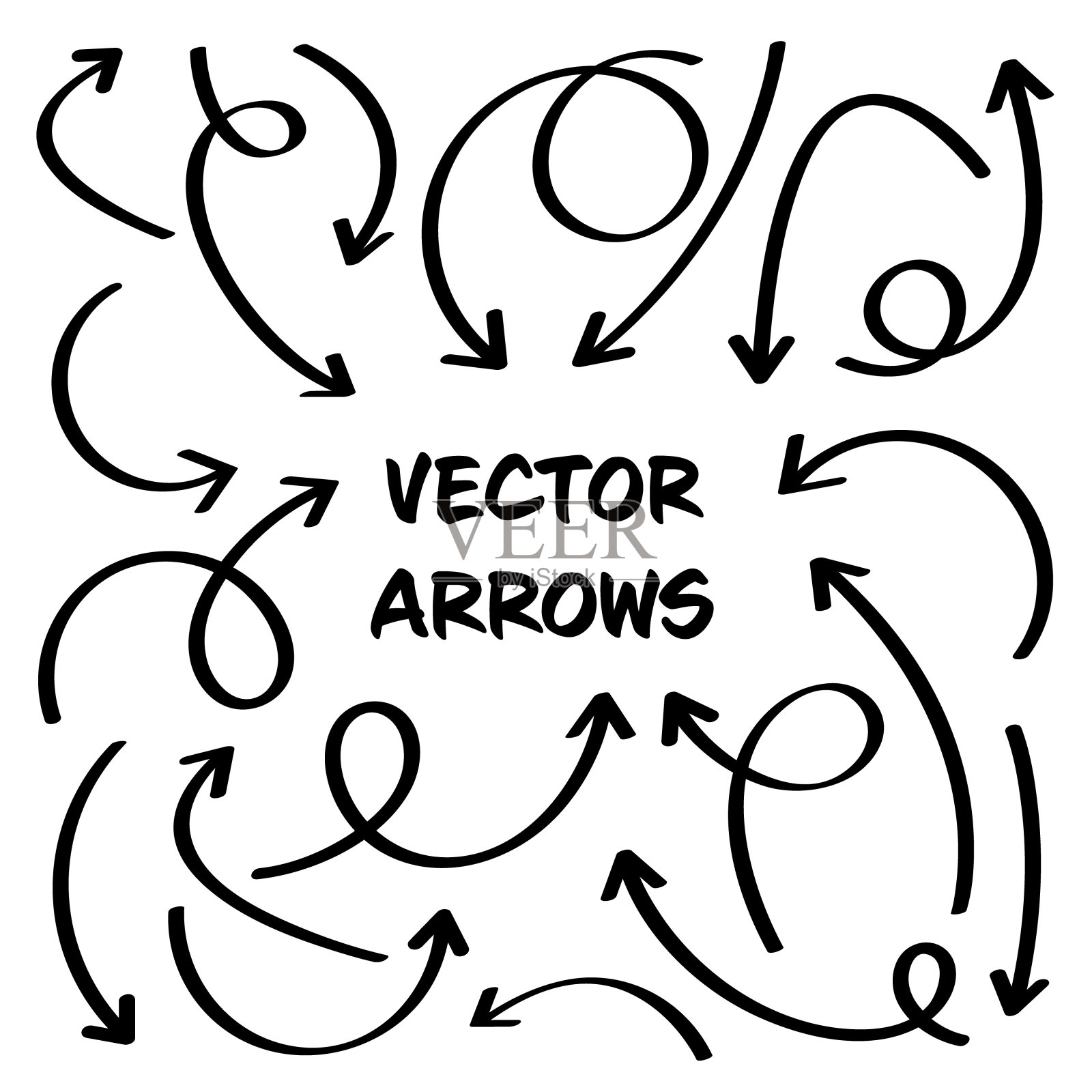 在白色背景上设置黑色手绘箭头。箭头,光标图标。向量指针集合。返回，下一个网页标志插画图片素材