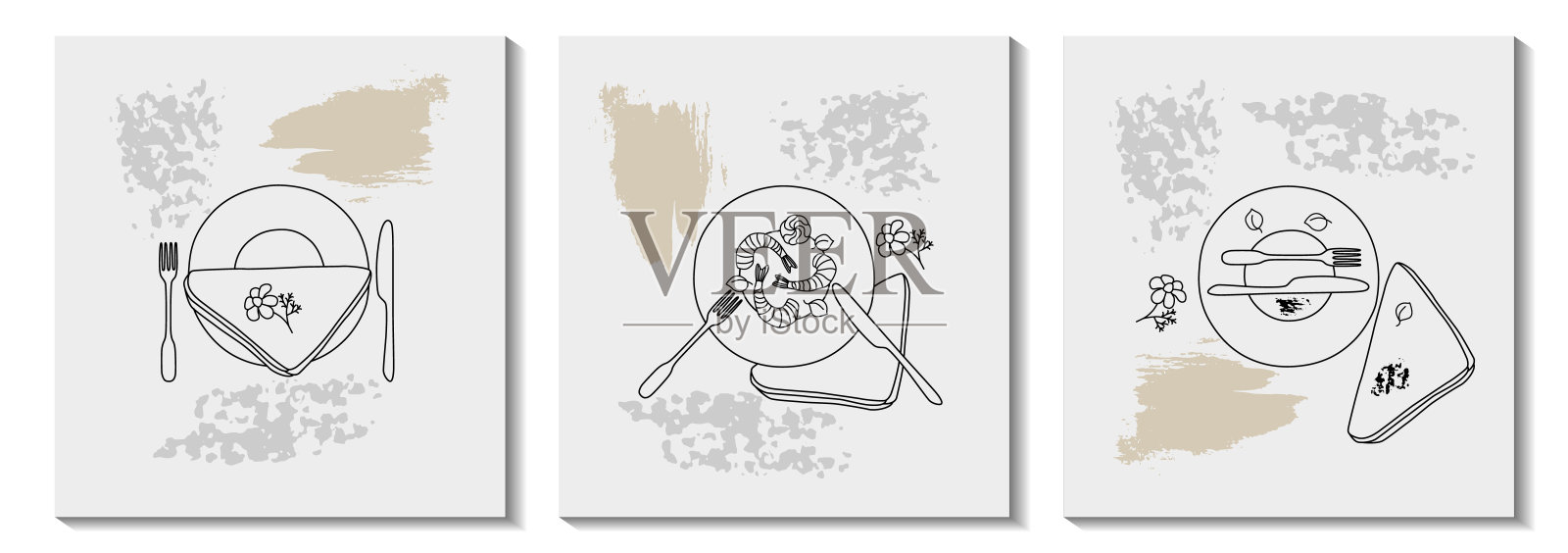 一组矢量图和一组表格。在灰色背景上勾勒出极简时尚的盘子、虾、餐巾、刀叉。手绘的菜肴和食物的轮廓与纹理。横幅。插画图片素材