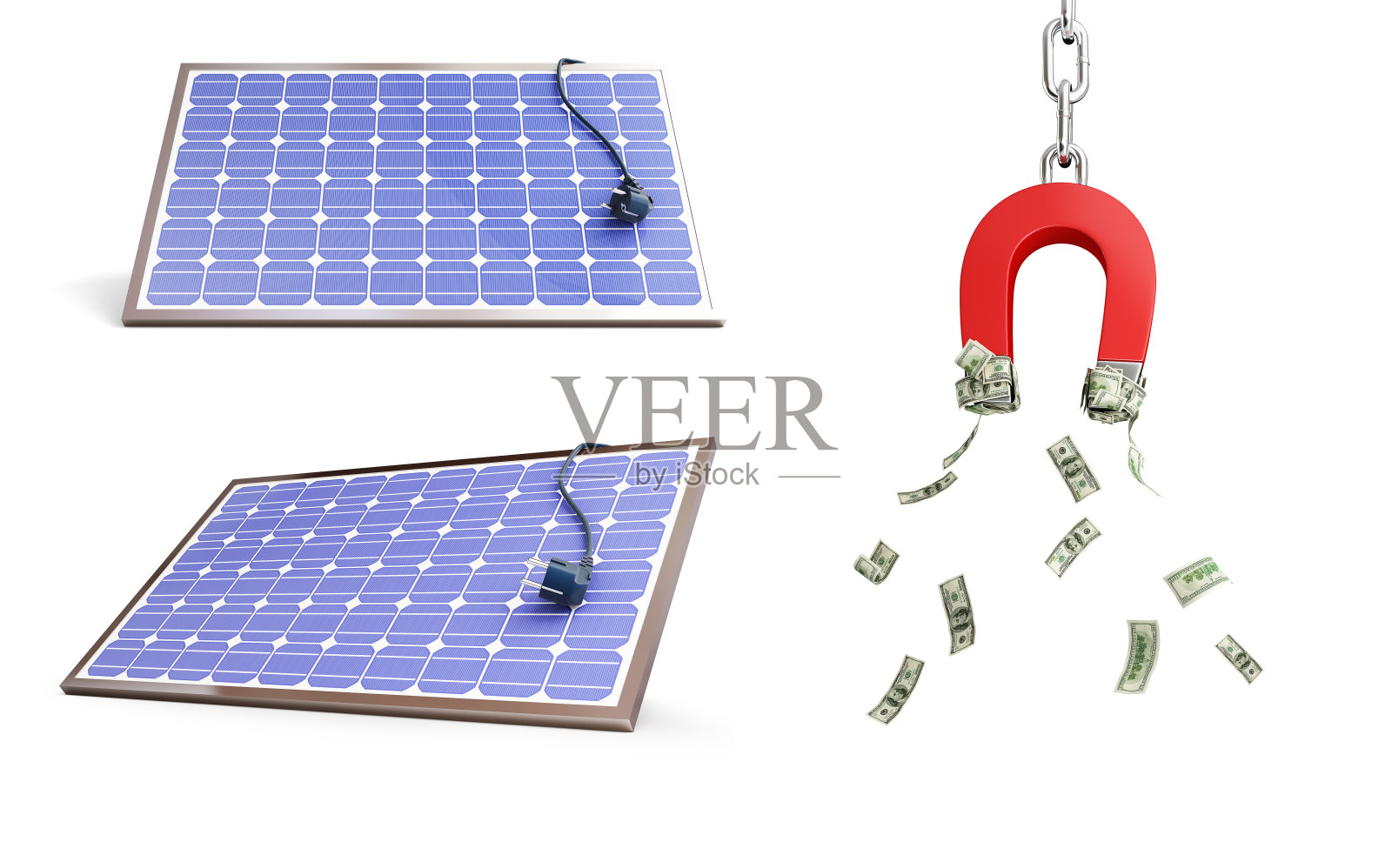 太阳能电池板电源插头上白色背景。三维演示照片摄影图片