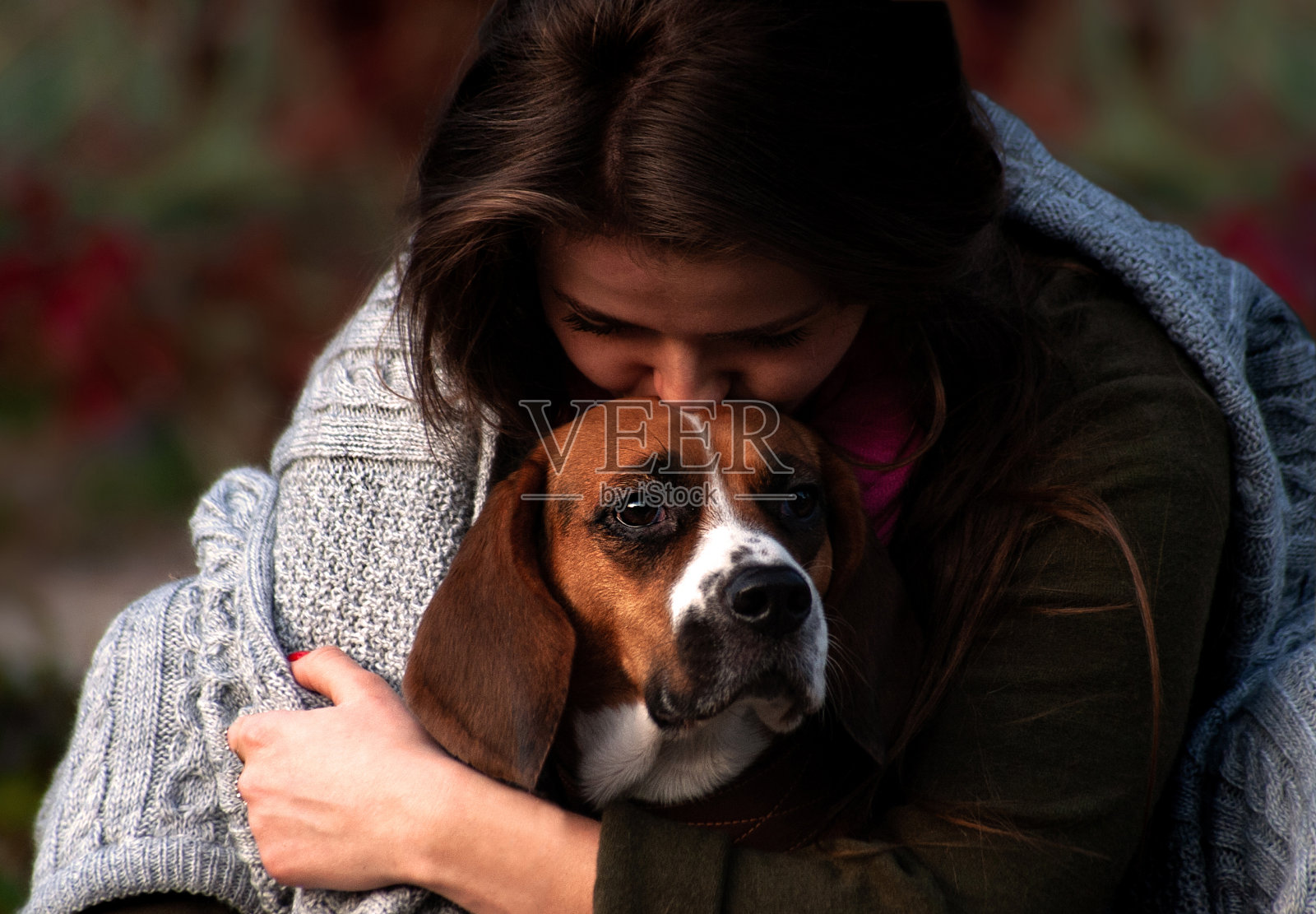 美丽的年轻女孩肩上披着灰色的毯子，爱和关怀地拥抱着她的狗照片摄影图片