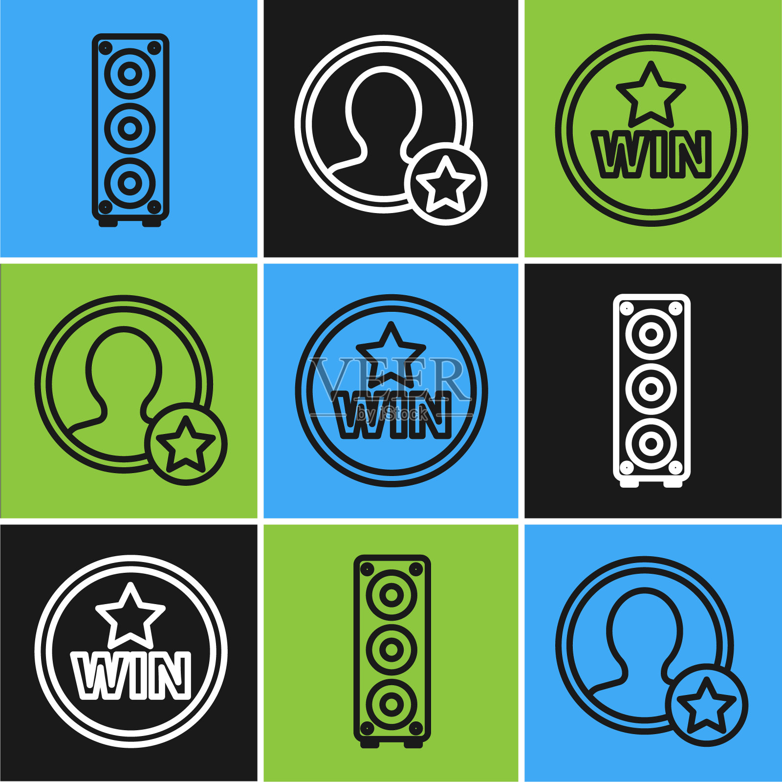 设置线立体声扬声器，奖章和Premium创建帐户的屏幕图标。向量插画图片素材