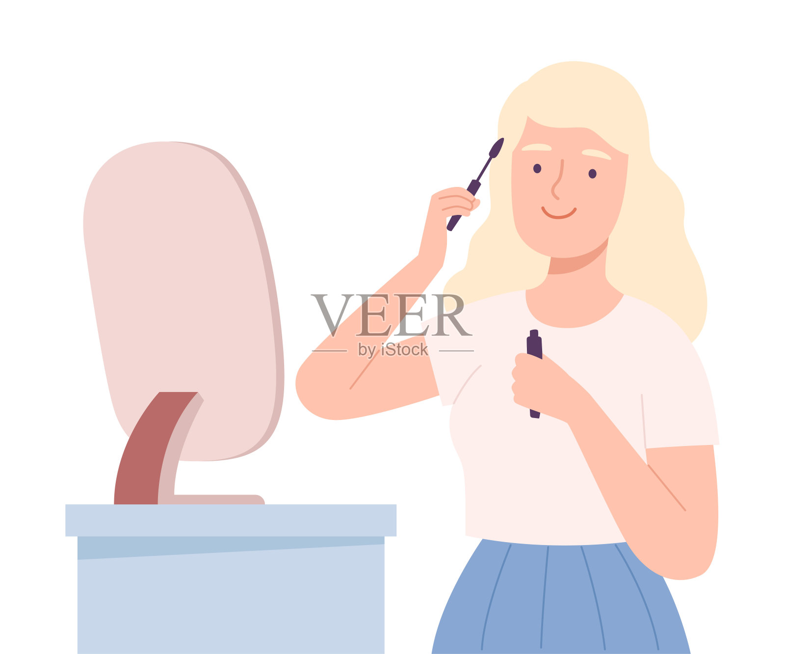 年轻女子应用睫毛膏，美丽的金发女孩化妆和染她的睫毛卡通风格矢量插图插画图片素材