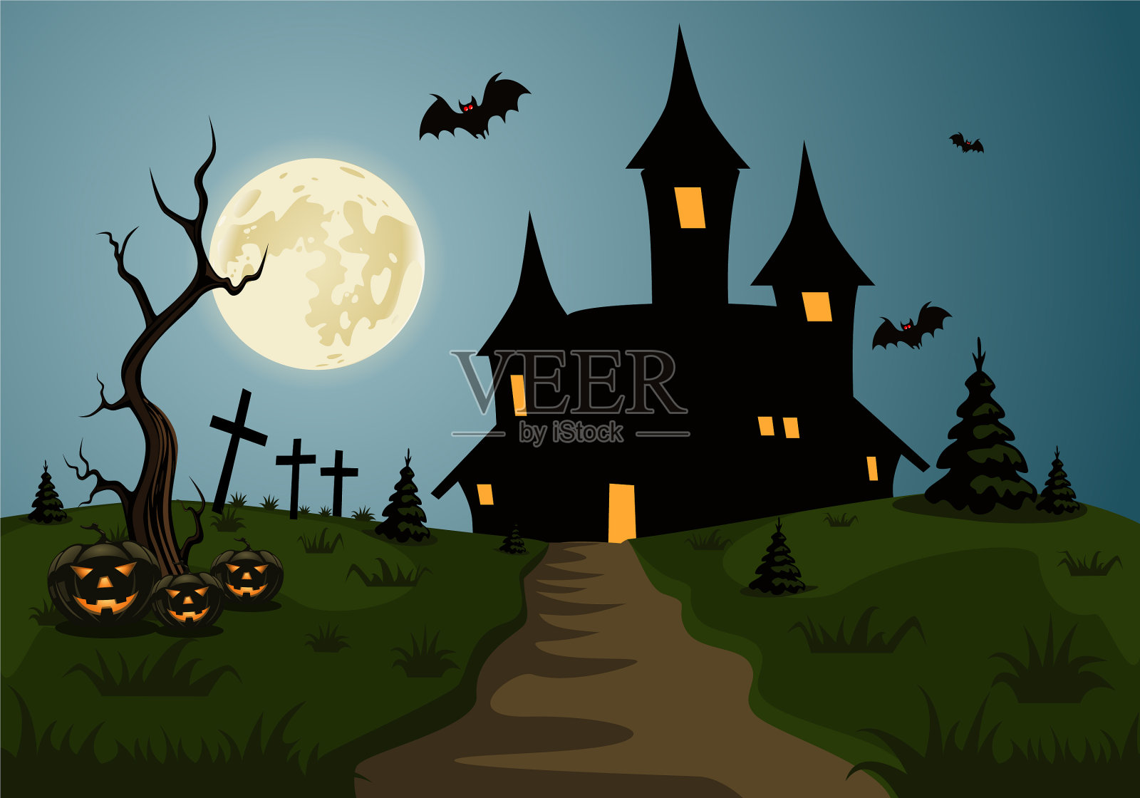 可怕的万圣节背景场景与城堡和插画图片素材