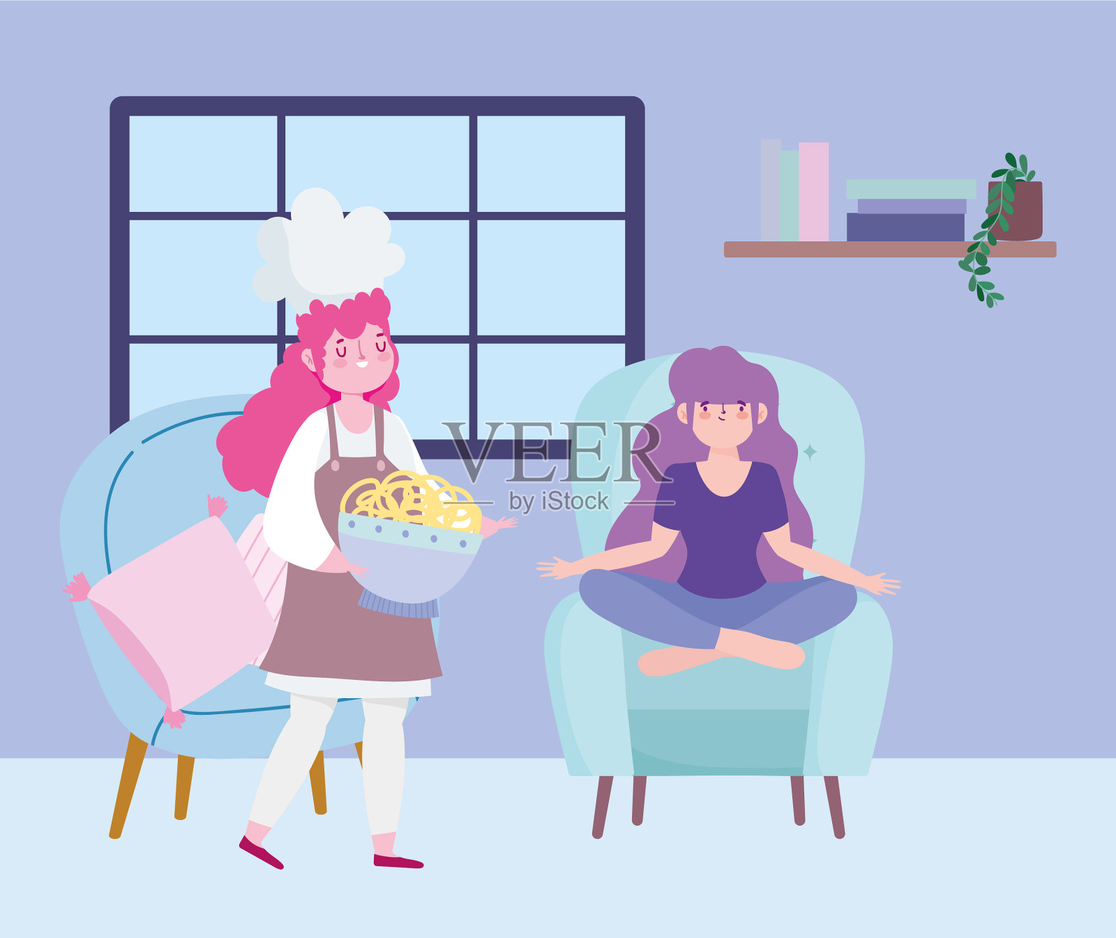 呆在家里女厨师和女孩面条插画图片素材