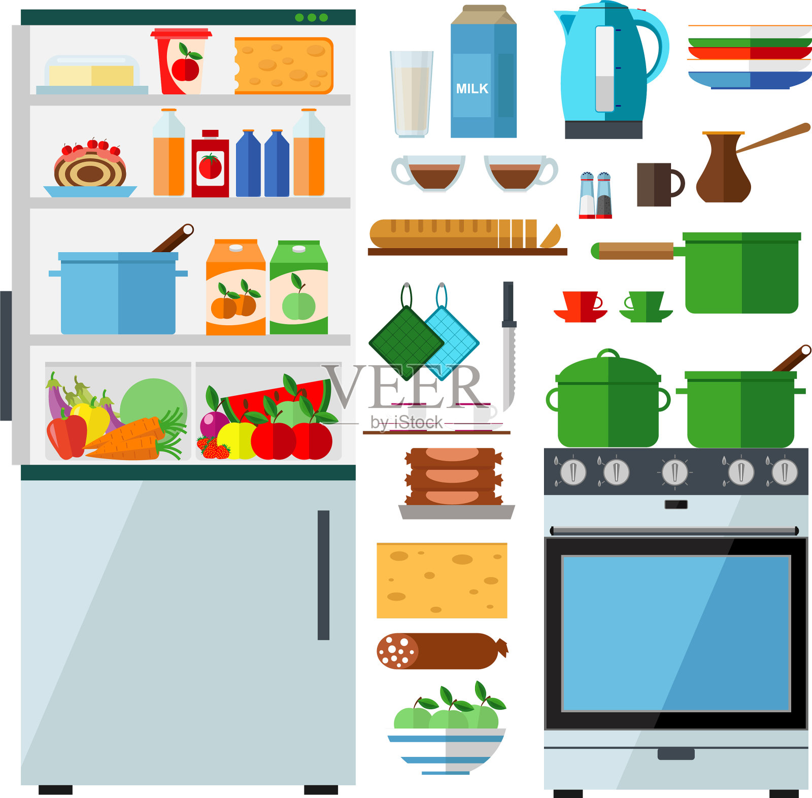 厨房里放家用电器上菜盘插画图片素材