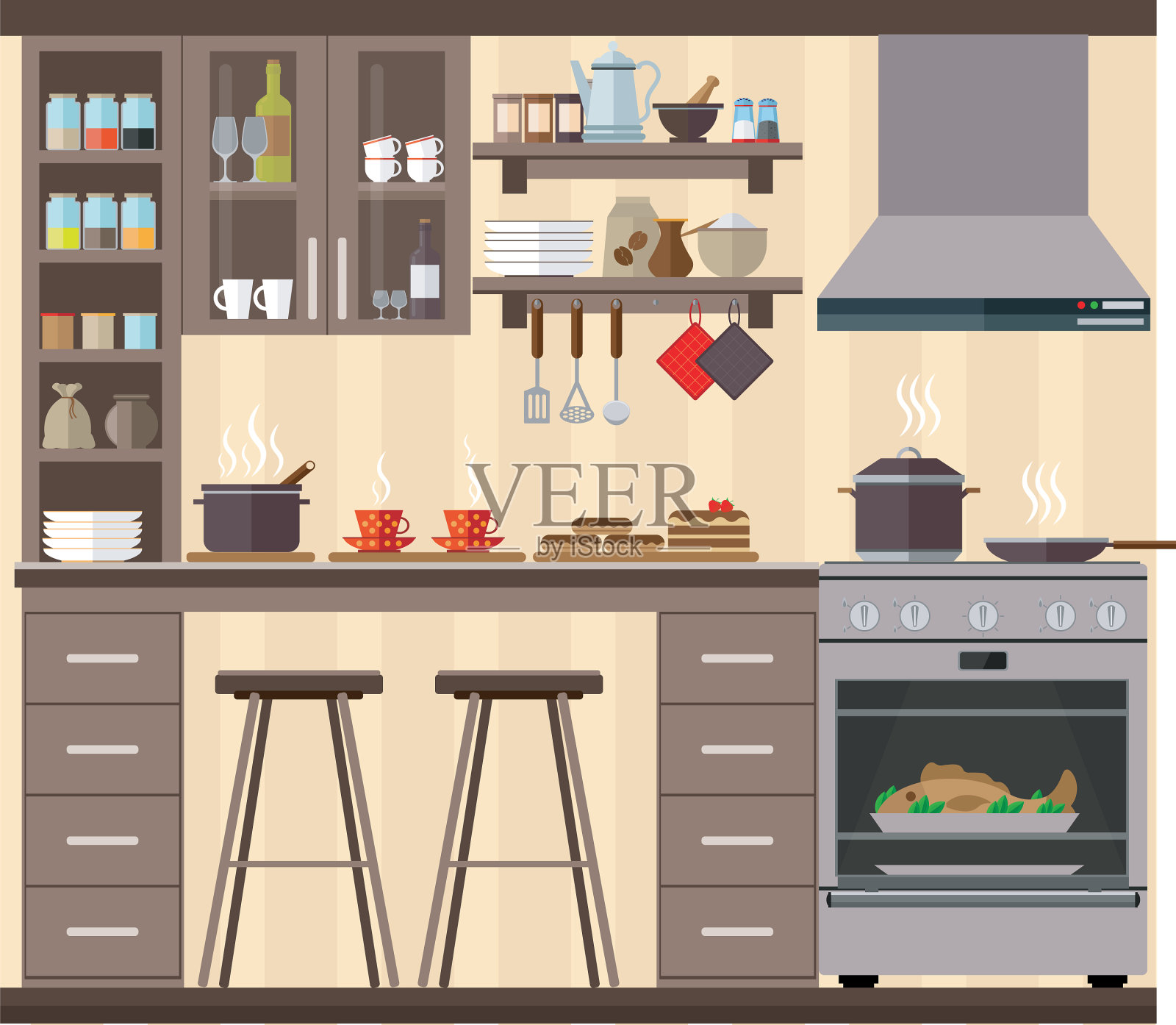 舒适的厨房，家具，食物，盘子和设计元素图片