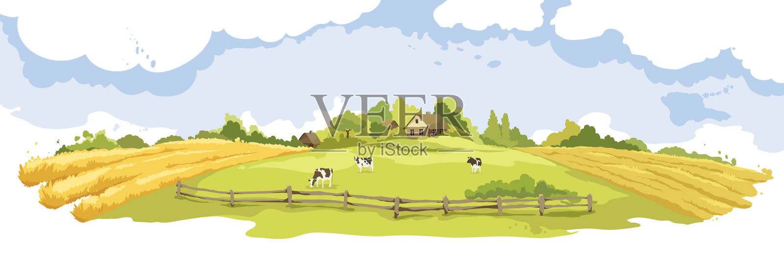 抽象的乡村景观与牛和村庄插画图片素材