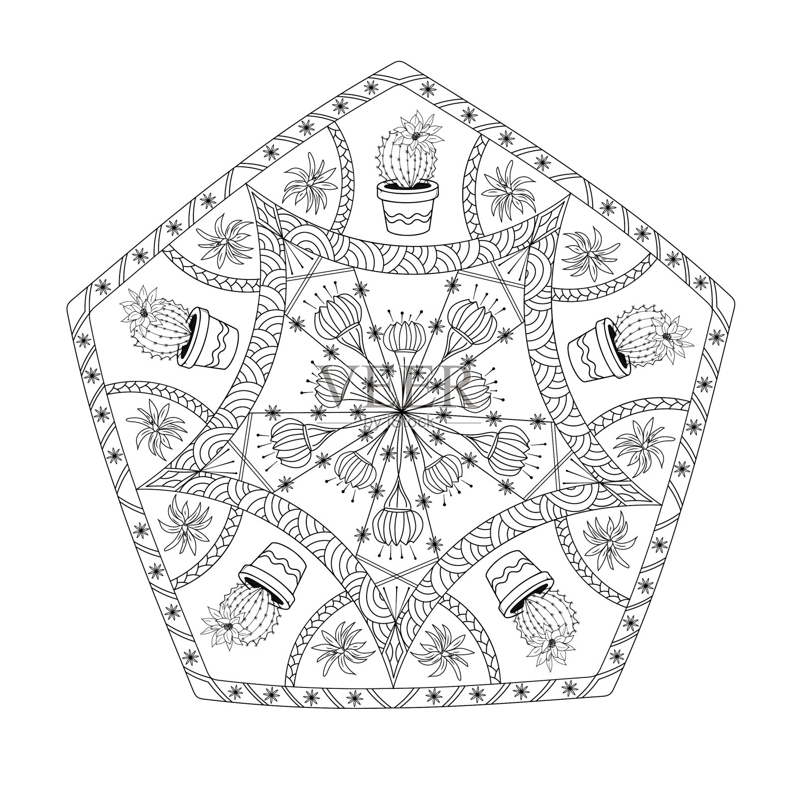 五角形曼荼罗上有仙人掌的黑线设计元素图片