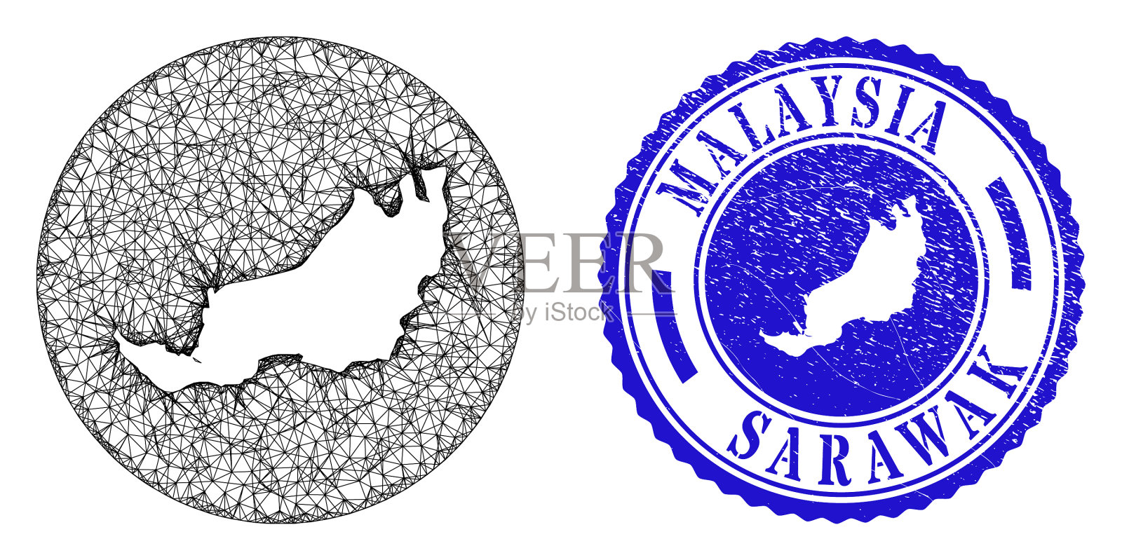 网格网络洞沙捞越州地图和划伤插画图片素材