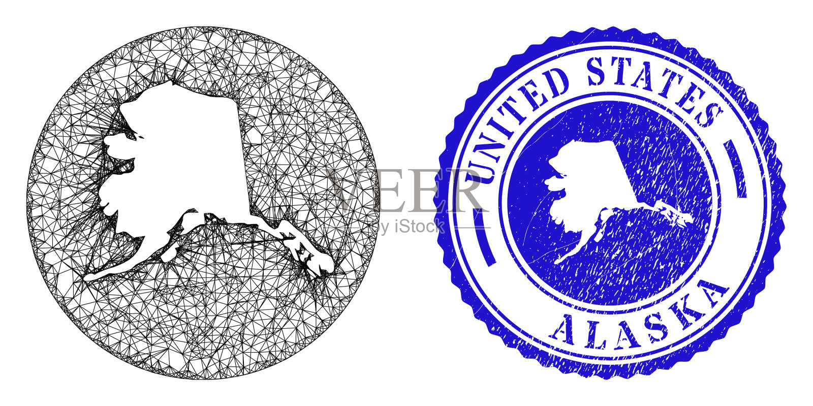 网丝框架洞阿拉斯加地图和遇险插画图片素材