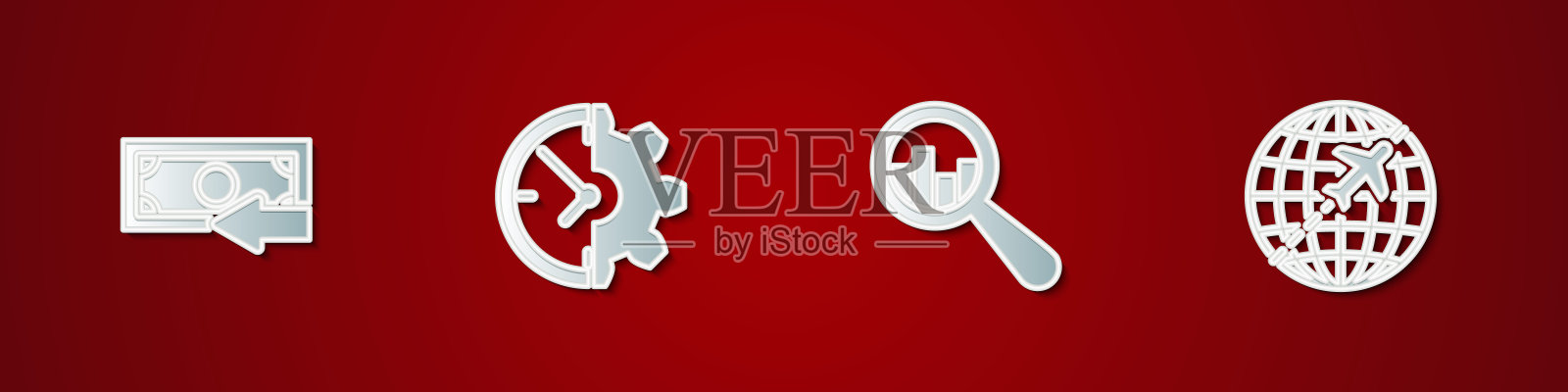 设置现金回来，时钟和齿轮，放大镜分析和全球与飞行飞机图标。向量图标素材