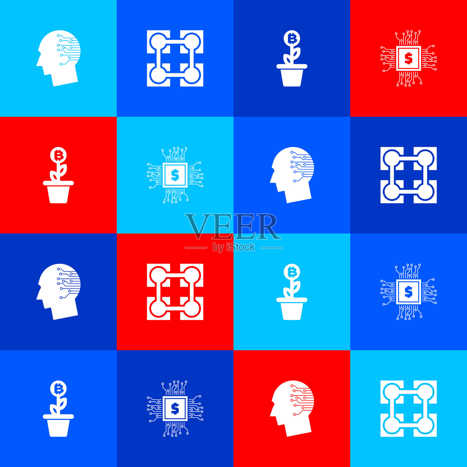 将大脑设置为数字电路板，区块链技术，比特币种植罐和带有美元图标的处理器芯片。向量图标素材