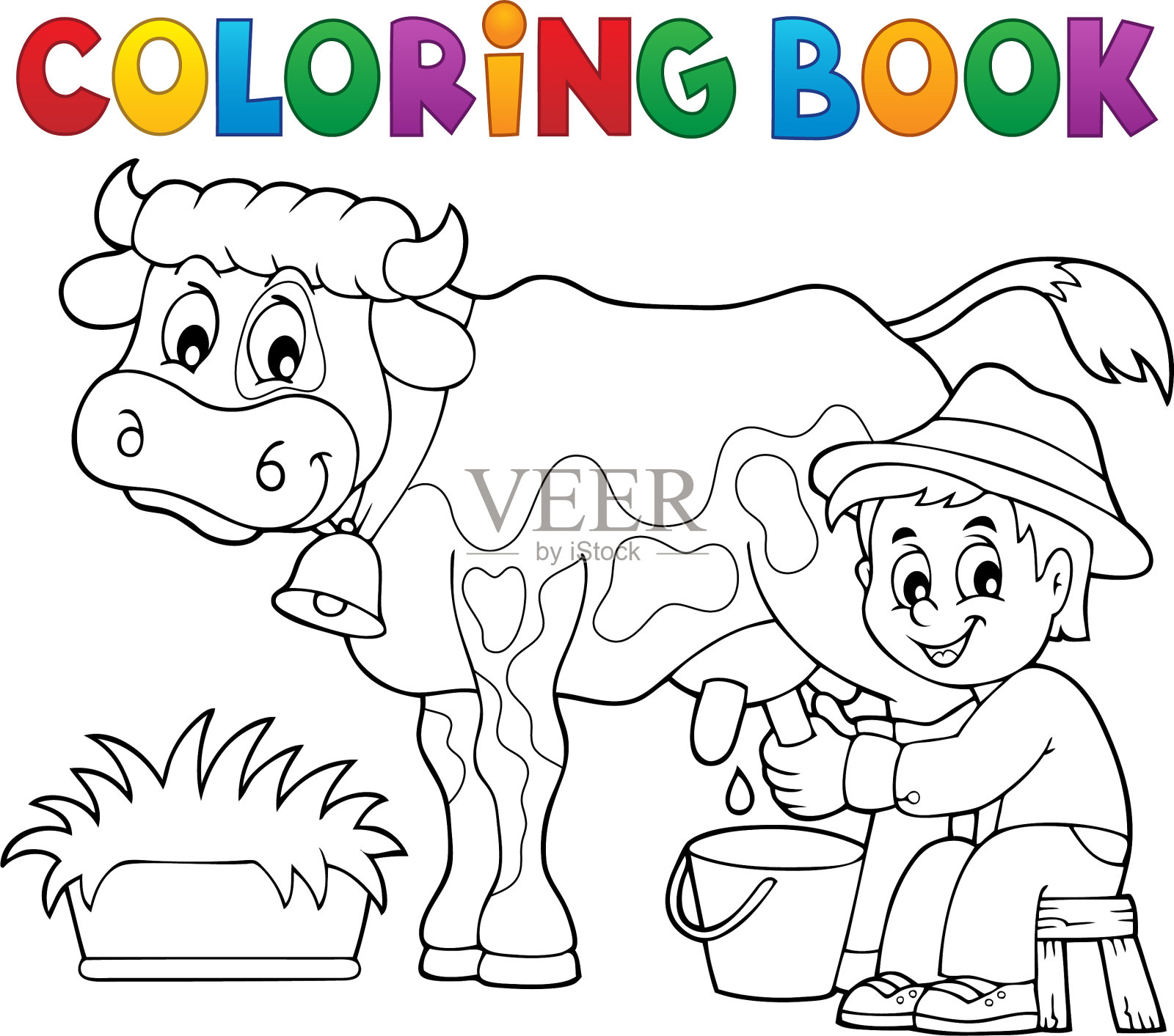 涂色书农民挤奶奶牛插画图片素材