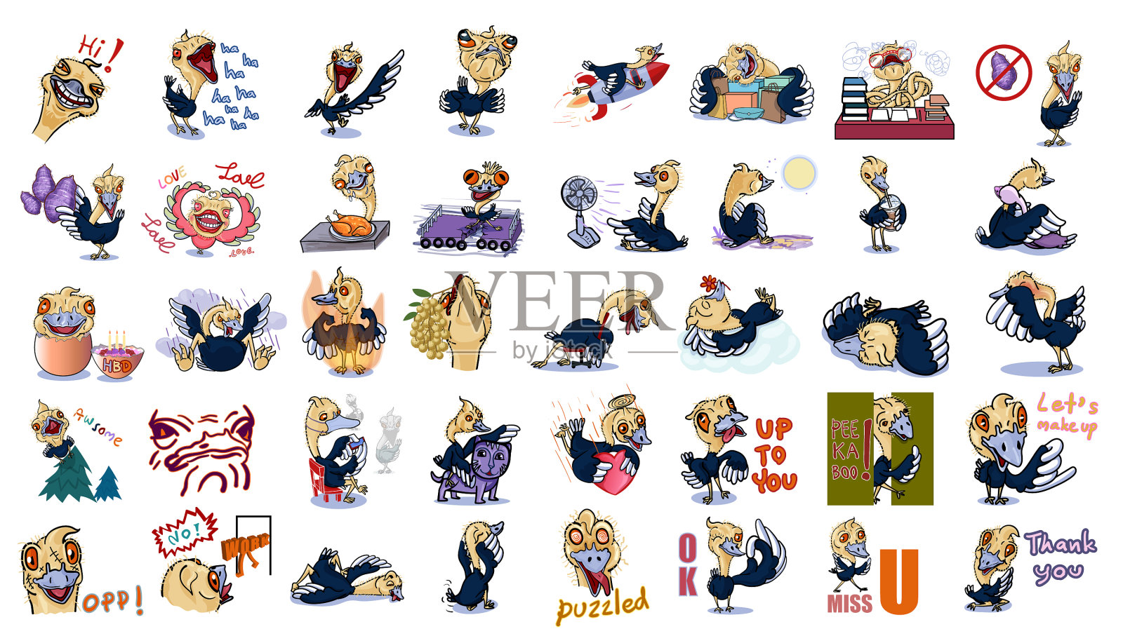 40个角色的搞笑鸵鸟插画图片素材