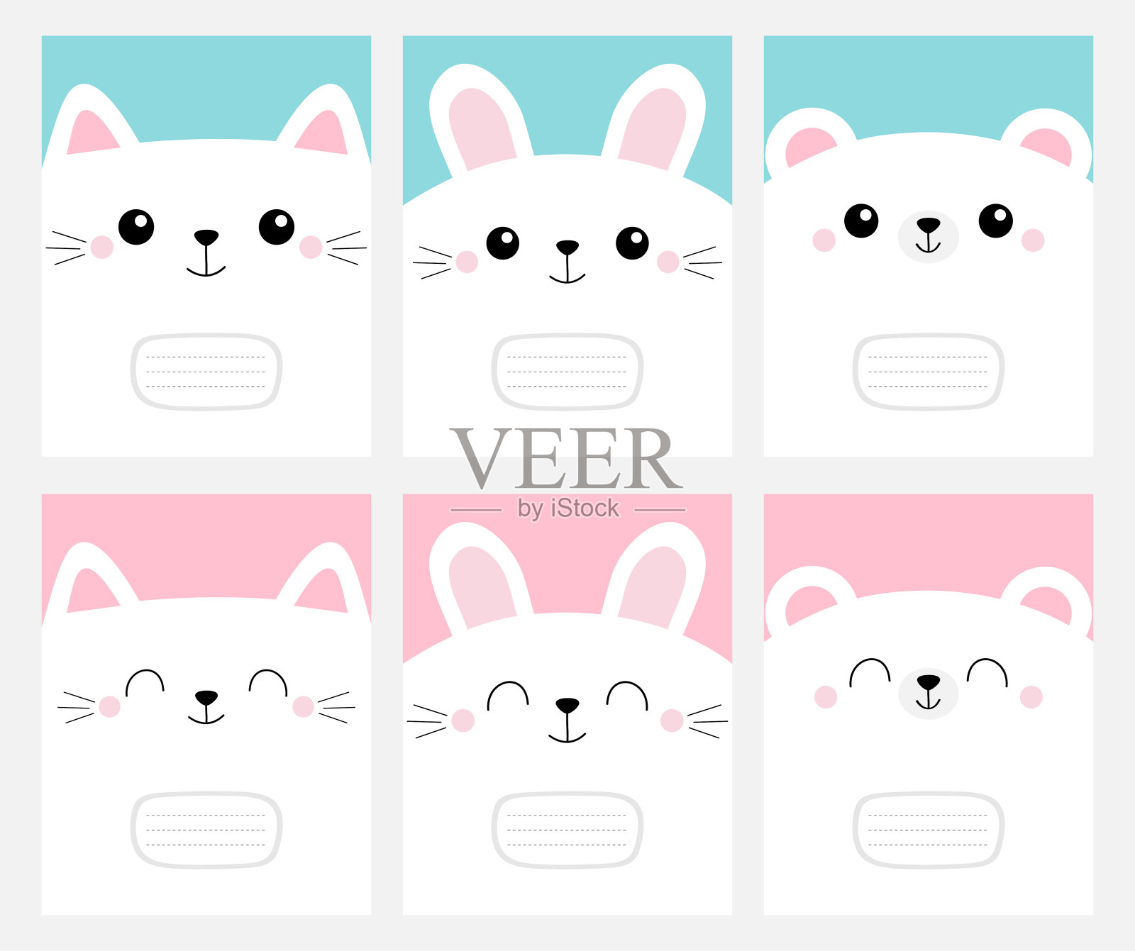 笔记本封面作文书模板。白色的猫兔兔，方形的熊头脸图标设置。可爱的卡通卡哇伊有趣的角色。平面设计。情人节快乐。蓝色粉红色背景。插画图片素材