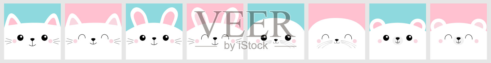 笔记本封面，贺卡。白色的猫兔子兔子海豹小狗海狮，熊头脸方形图标设置线。可爱的卡通卡哇伊有趣的角色。情人节。平面设计。蓝色粉红色背景。设计元素图片