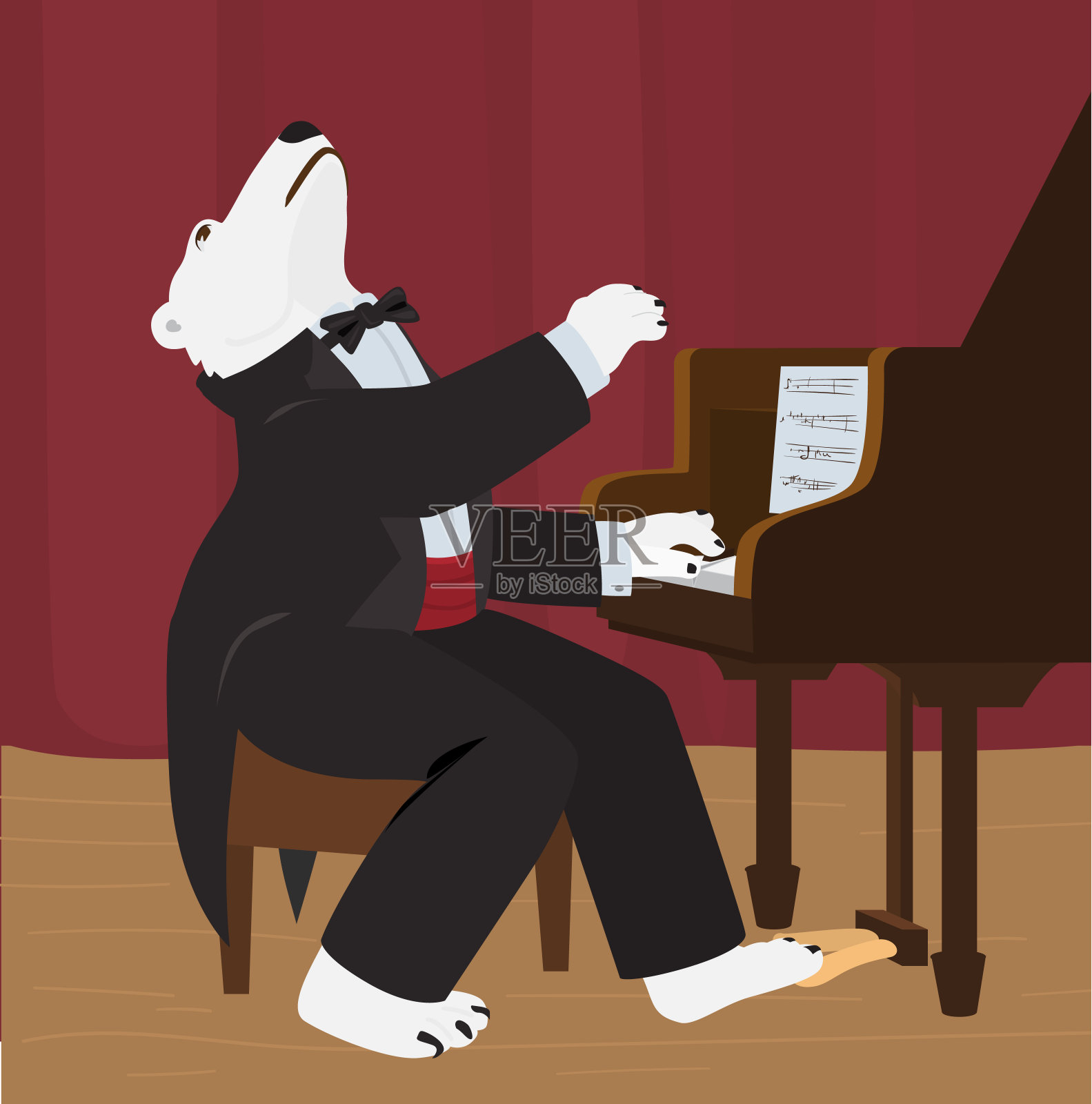 穿着燕尾服打着领结弹钢琴的白熊插画图片素材