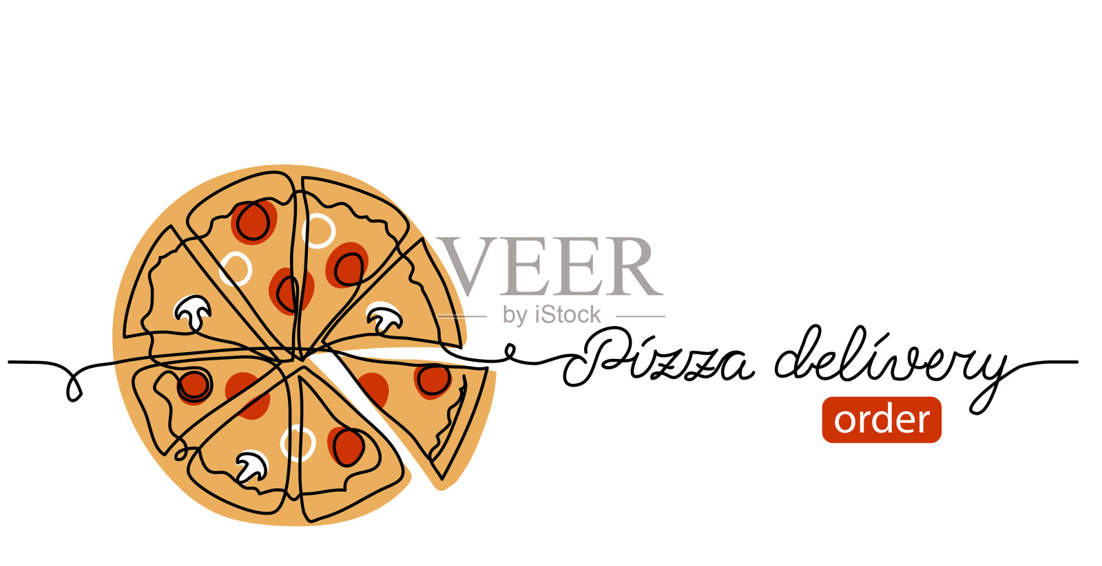 披萨涂鸦，素描矢量横幅，背景，海报。一个连续的线条艺术画横幅与文字披萨外卖，订单插画图片素材