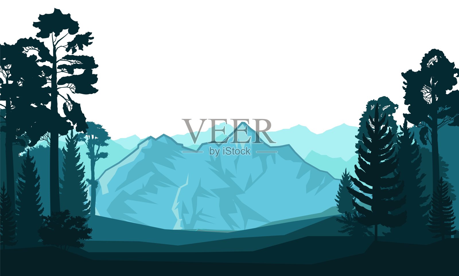 山的风景。闹鬼的森林。针叶树和落叶树。轮廓。孤立在白色背景上。地平线上有山脉和岩石。向量插画图片素材