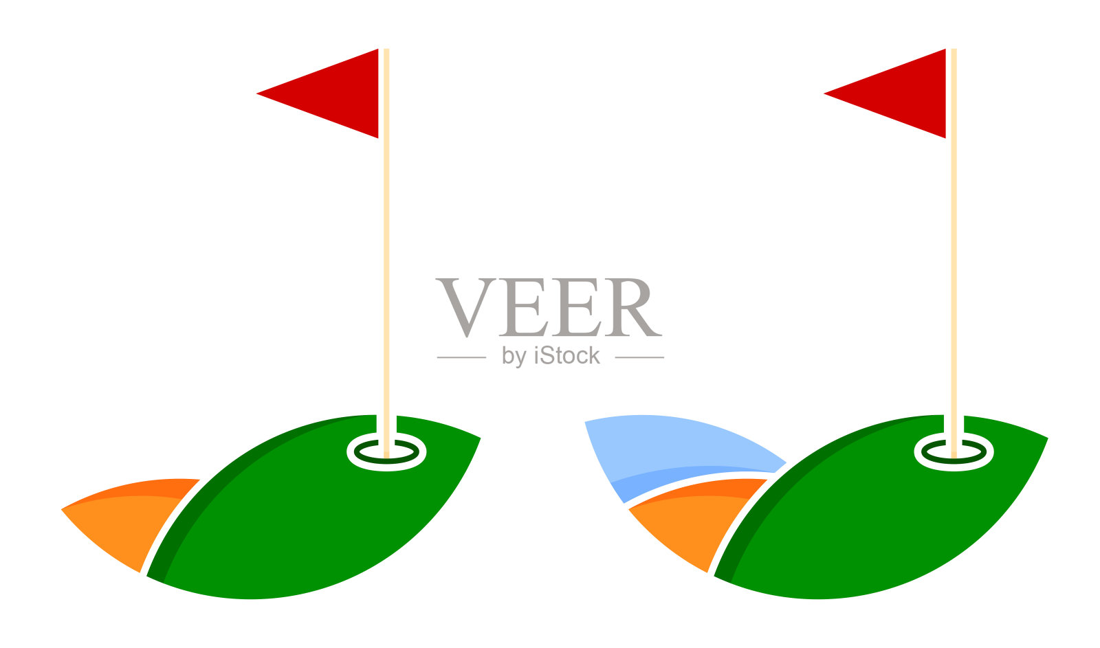 将三角高尔夫旗子挂在杆上。标有旗子的高尔夫球洞。积极的生活方式。矢量孤立在白色背景在平面风格插画图片素材