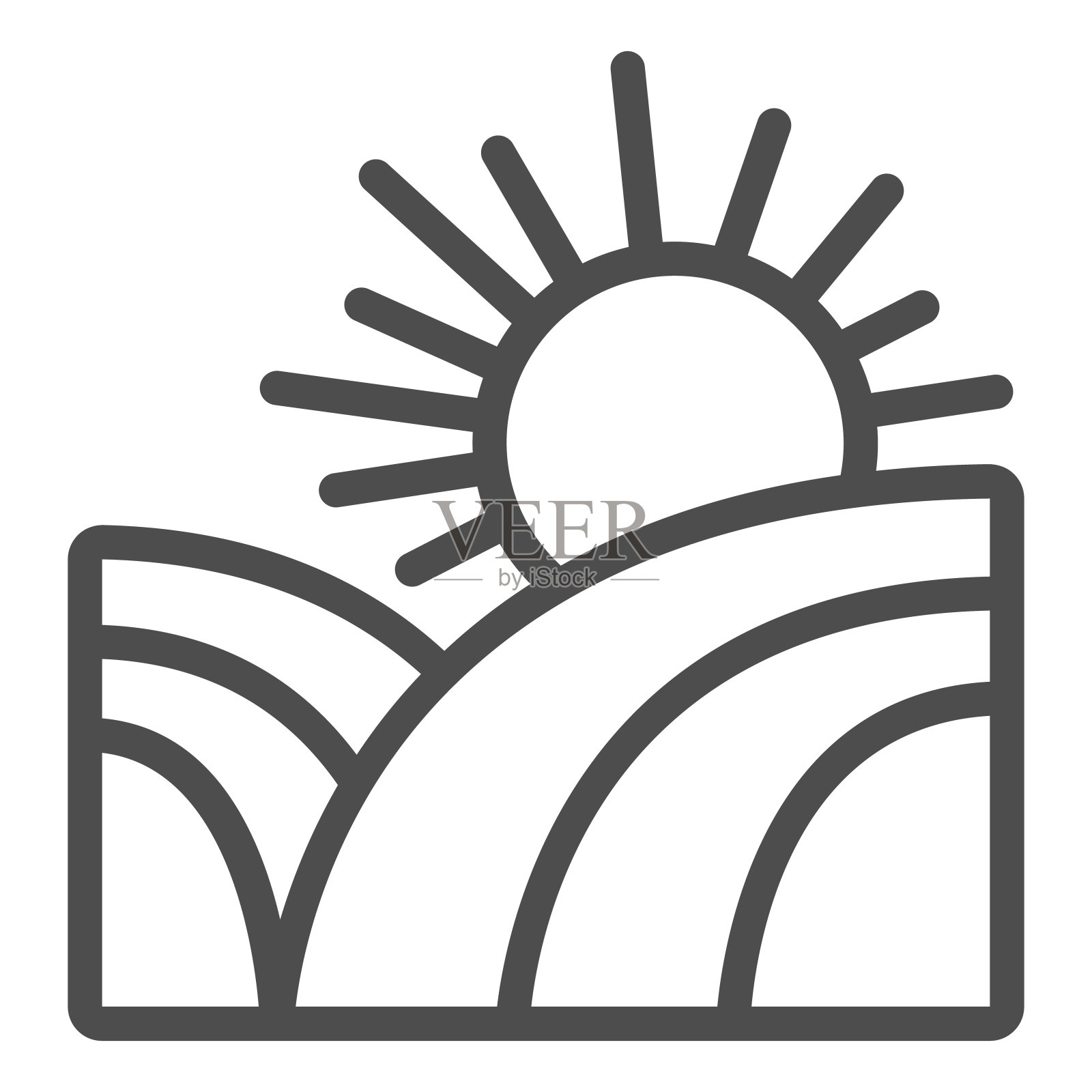 田野和太阳线图标，农场花园概念，日出太阳在田野标志上的白色背景，乡村景观图标轮廓风格的移动概念和网页设计。矢量图形。插画图片素材