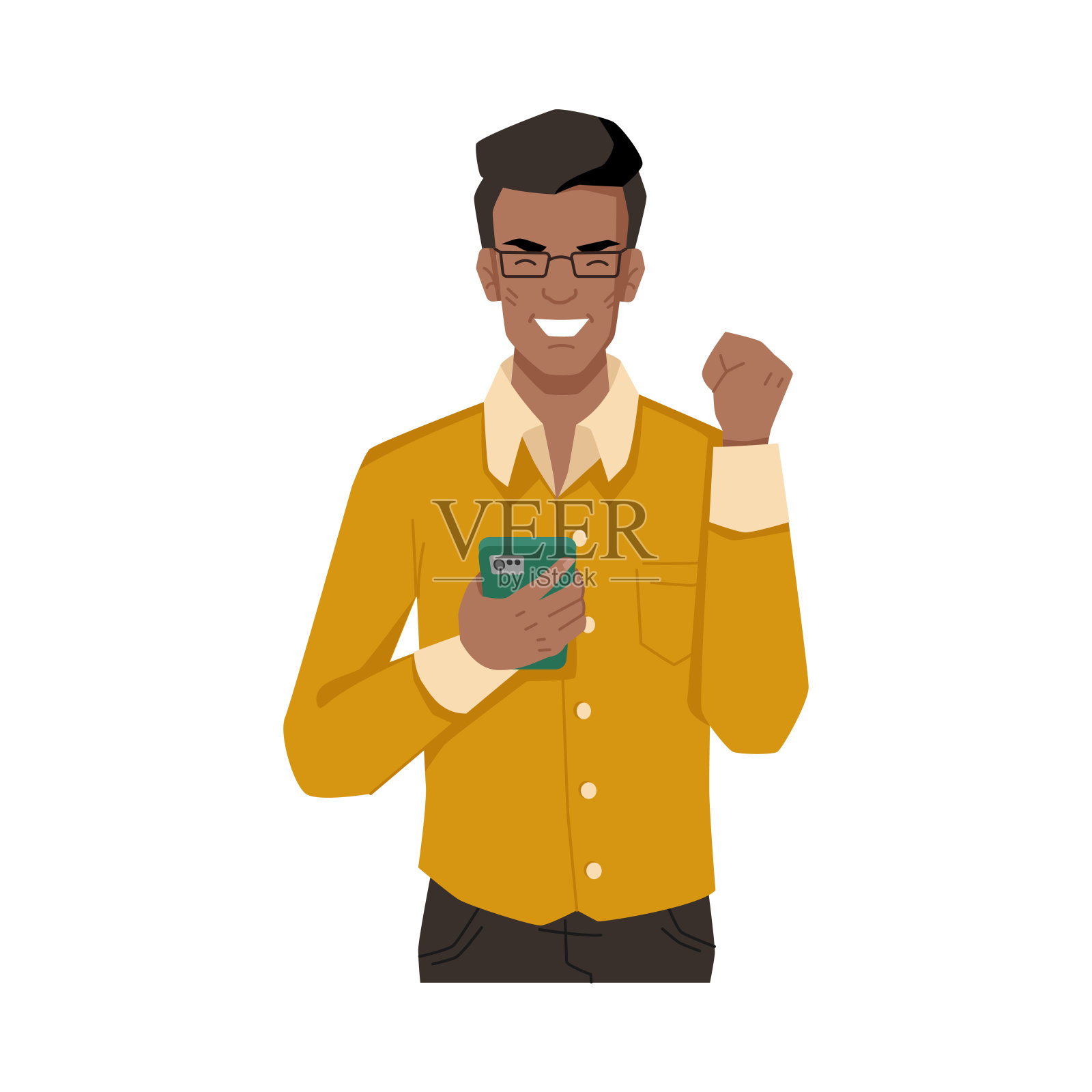 他笑了，开心地使用智能手机，高兴地收到信息或电话，孤立的非洲裔美国人。向量男人傻笑手机，英俊的男孩使用现代设备上的应用程序插画图片素材