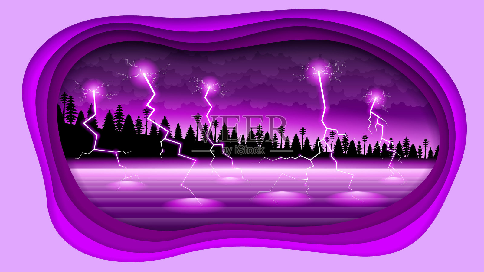摘要剪纸天空闪电雷声背景与水树云向量风格插画图片素材