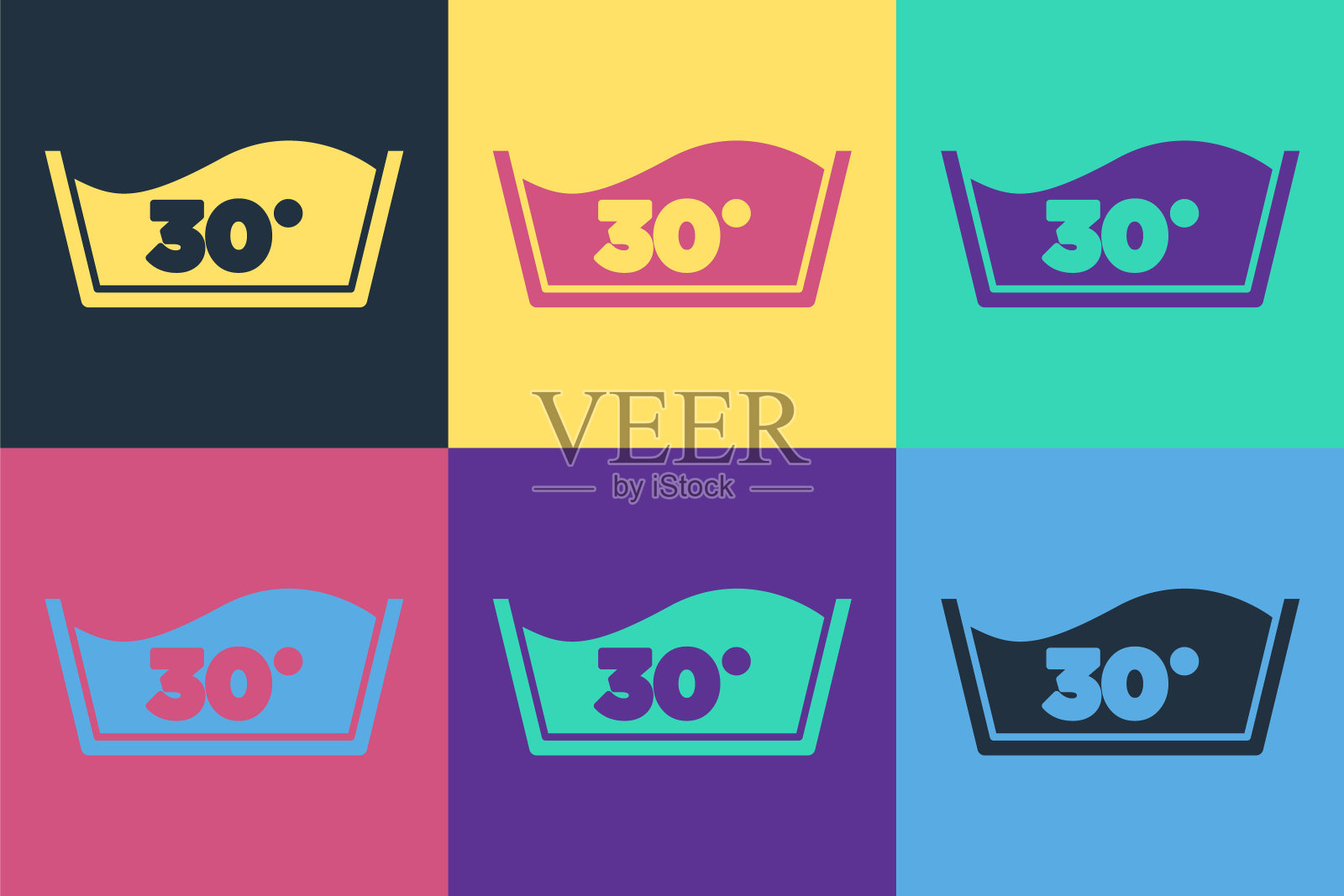 波普艺术在30摄氏度下清洗图标孤立的彩色背景。洗涤温度。向量插画图片素材