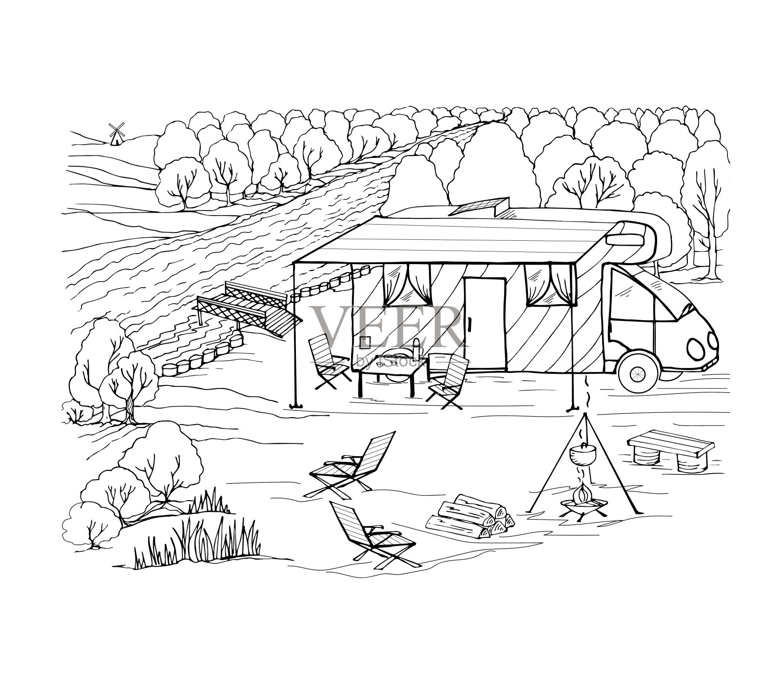 用房车、太阳能板、营火、夏日厨房、森林、木柴来涂色露营。矢量插图为一本书，贺卡，海报，贴纸，设计，壁纸，游戏。插画图片素材