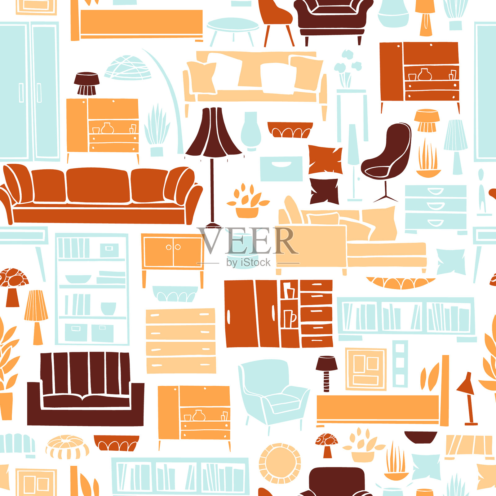 家居家具、灯具和植物无缝衔接插画图片素材