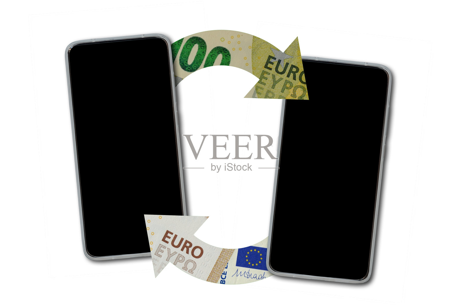 带箭头的手机和欧元钞票-货币交易和交换的概念照片摄影图片