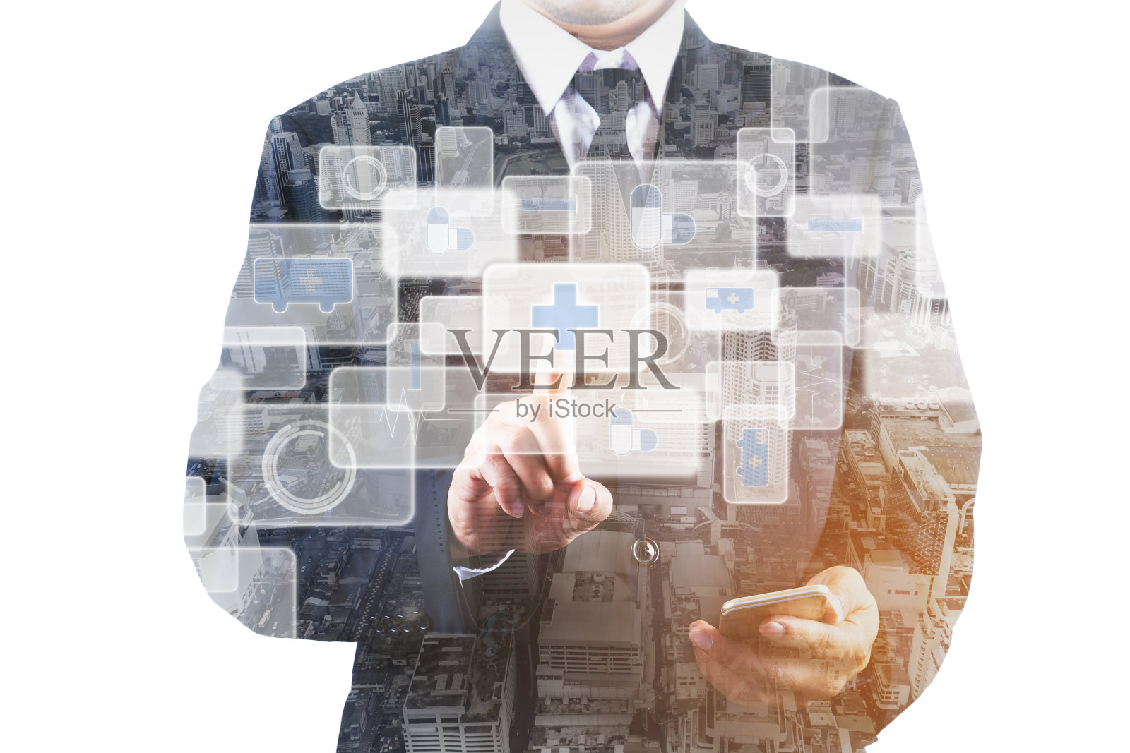 商业人物在屏幕上的双重曝光照片摄影图片