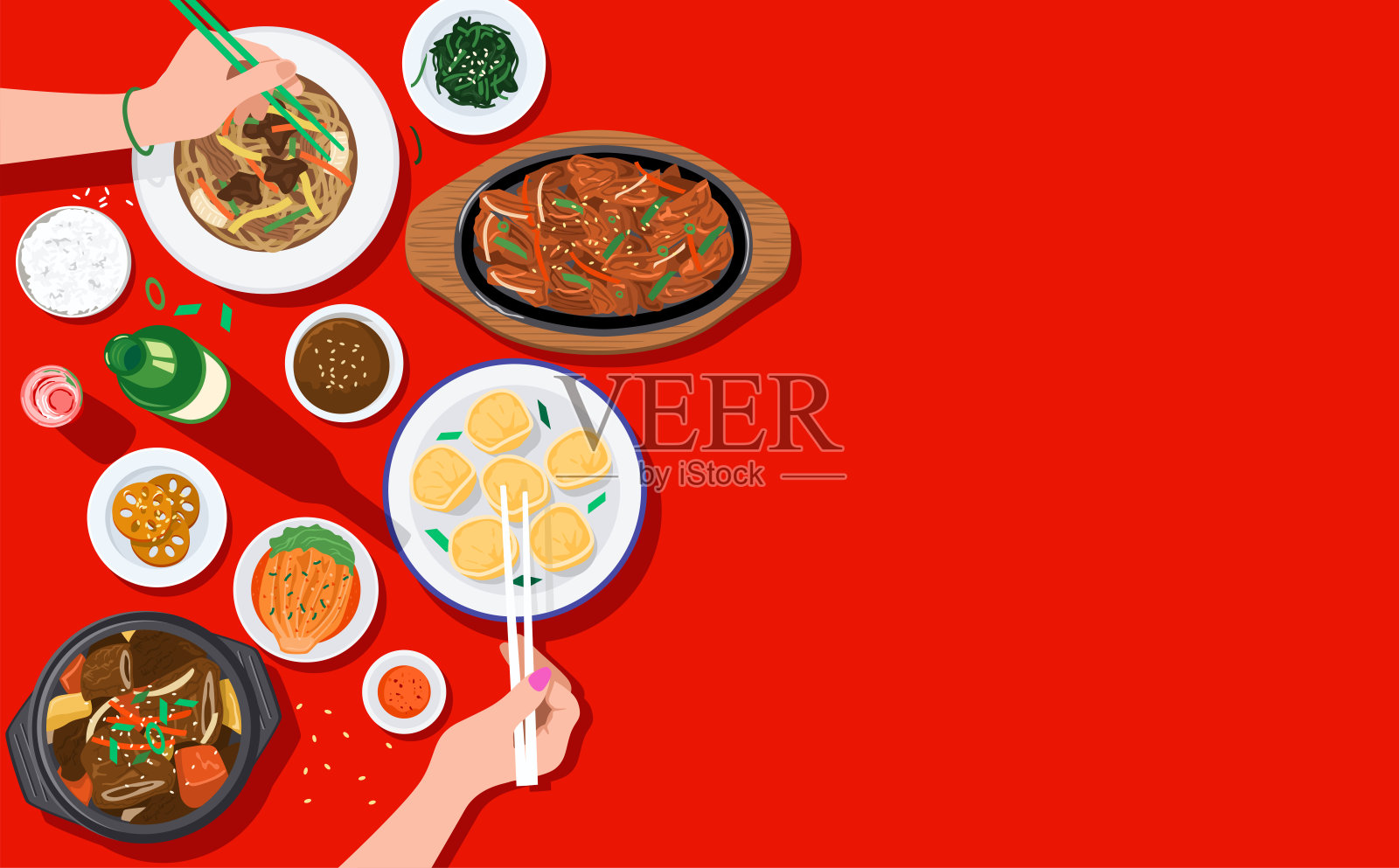 美食背景，俯视一起享受韩国美食的人们插画图片素材