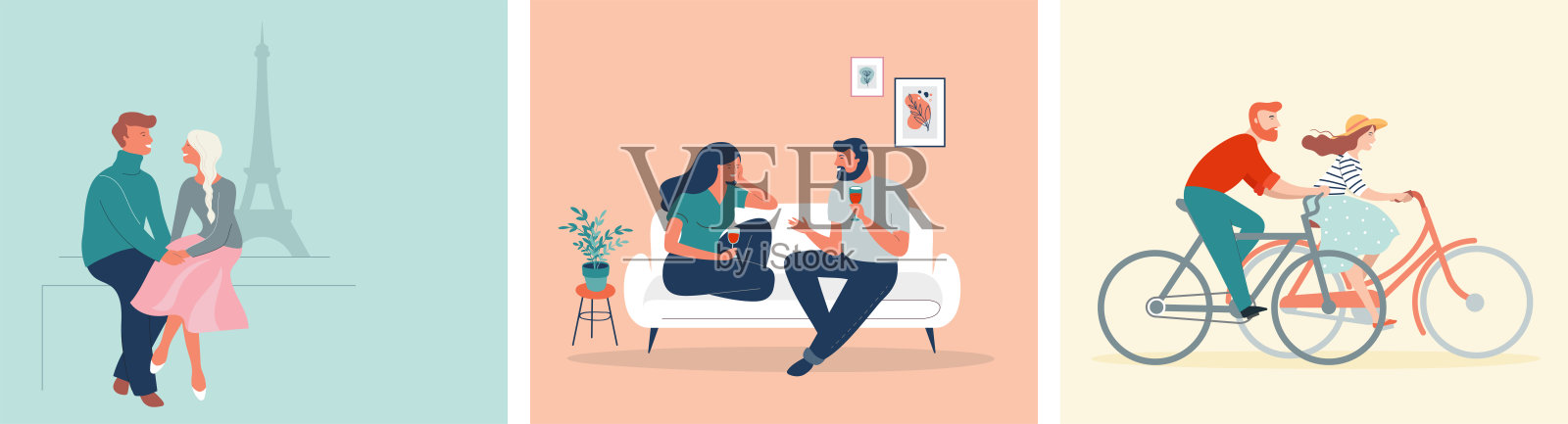 男人和女人卡通形象集合 - 浪漫情侣约会。情侣们坐在家里或咖啡店里，在巴黎散步或骑自行车。扁平卡通彩色矢量插画插画图片素材