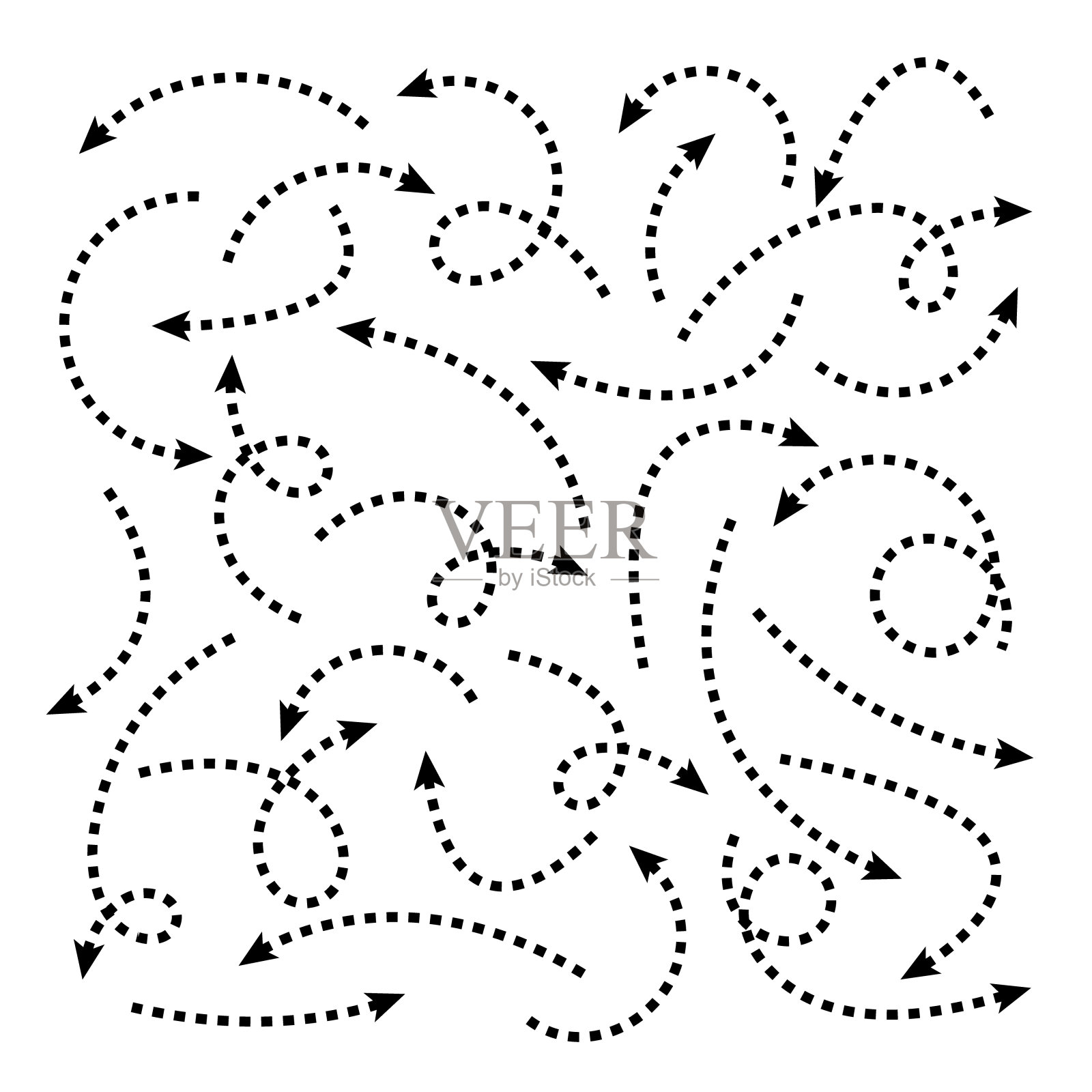 设置在白色背景上的黑色虚线手绘箭头。箭头,光标图标。向量指针集合。返回，下一个网页标志插画图片素材