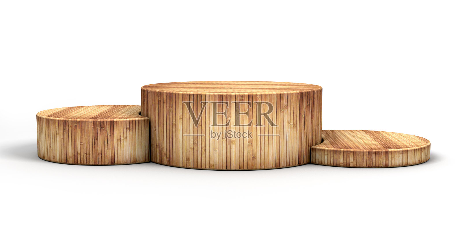 木制圆柱形领奖台，用于赢家和产品展示。3 d演示。照片摄影图片