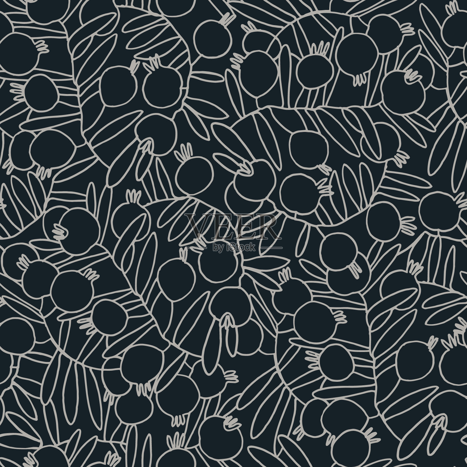 无缝模式。石榴树的树枝上结满了果实。在黑色背景上勾画出矢量图插画图片素材