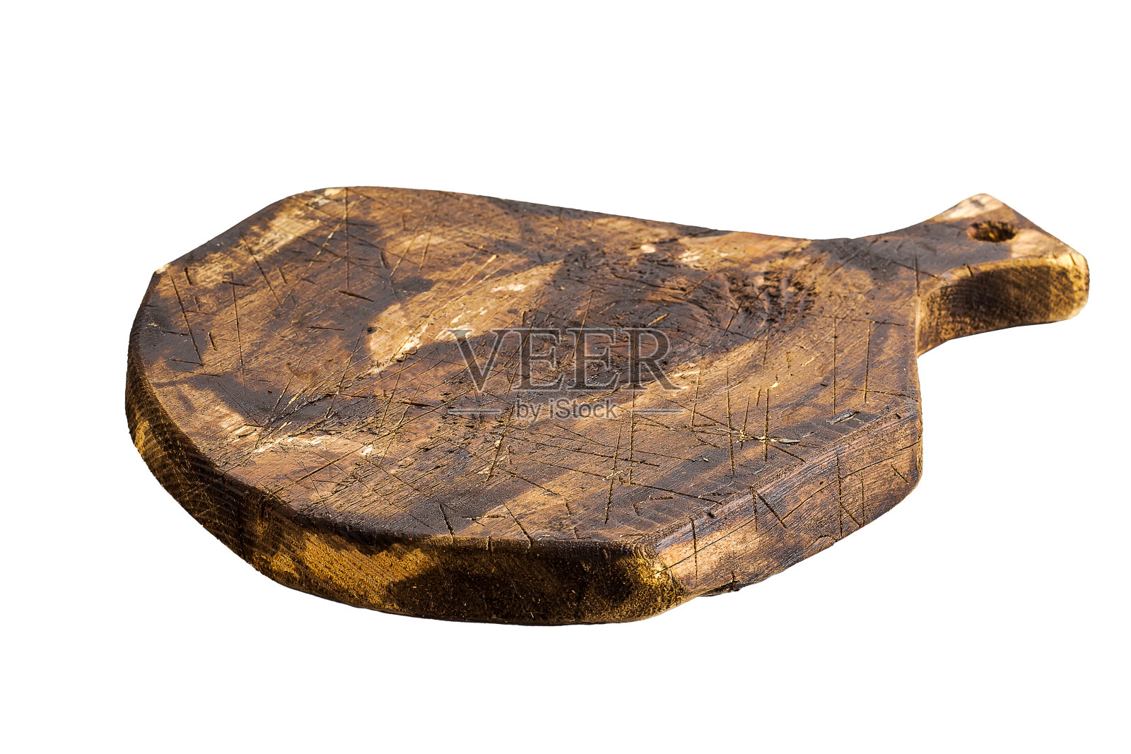 旧的乡村，烧焦，椭圆形的把手，复古，厨房，切割木板，纹理和裂纹，划痕，深棕色，孤立在白色背景，新的照片摄影图片