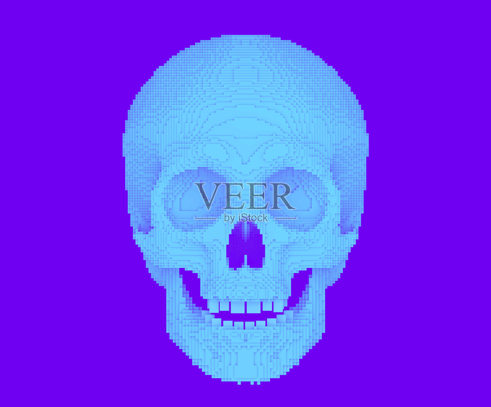 紫色背景上的像素化块状头骨3D渲染照片摄影图片