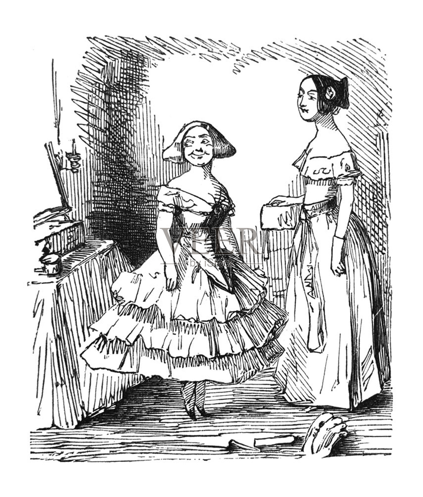 英国讽刺漫画漫画插图-两个女人在镜子前试穿衣服插画图片素材